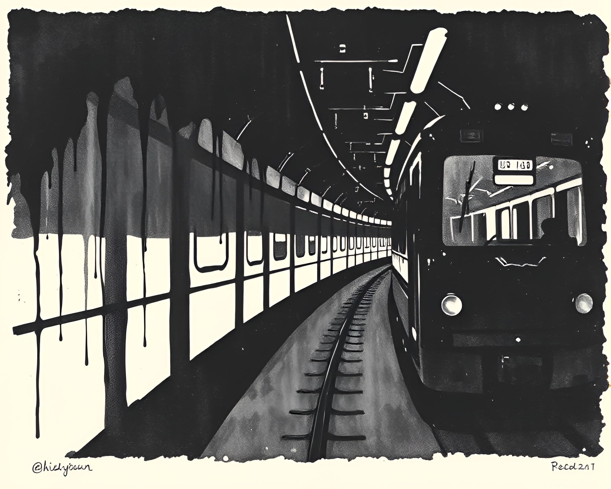 Ink Wash Monorail: Hard Shadows Linocut Print – free AI stock image