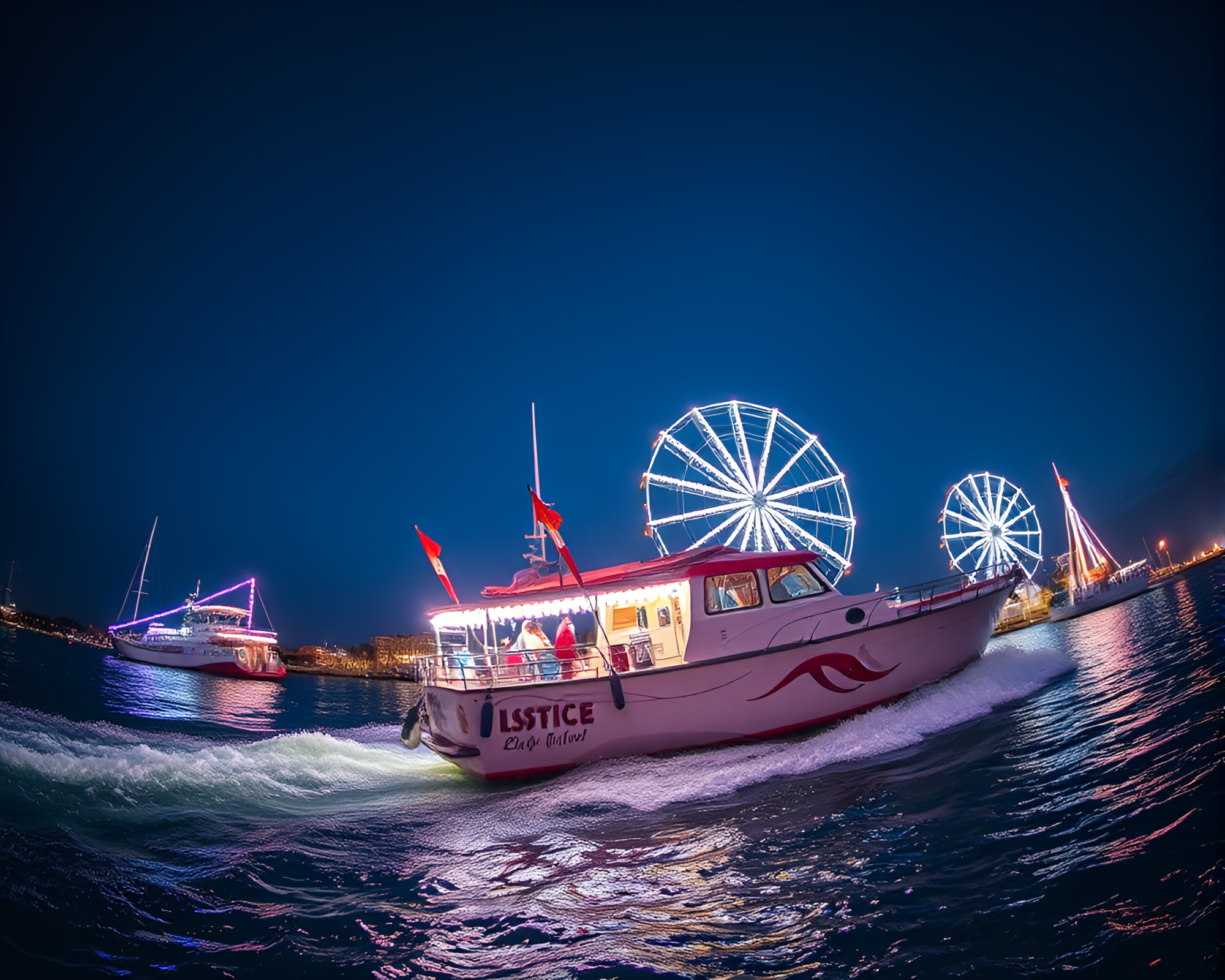 Hydrofoil Boat Carnival Lights Wide Shot – free AI stock image