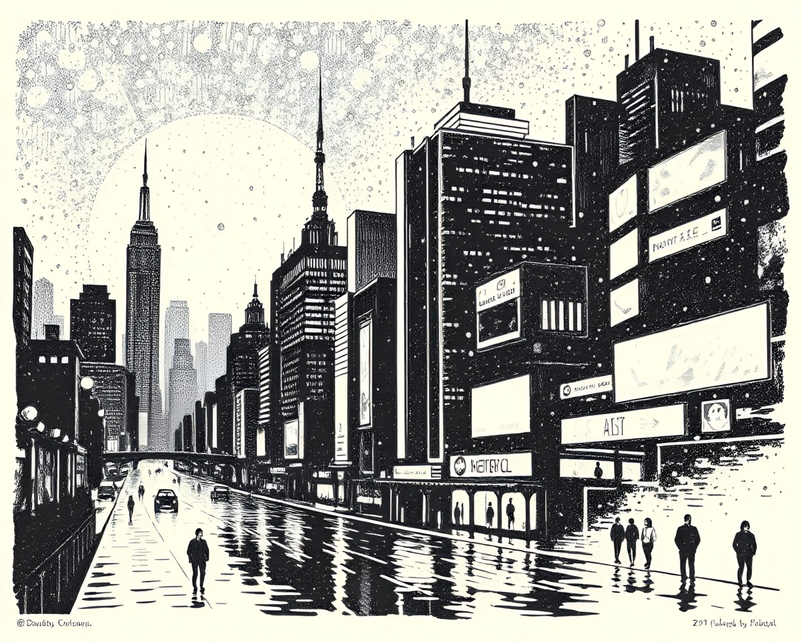 Sci-fi city skyline with abstract water droplets, woodcut aesthetic