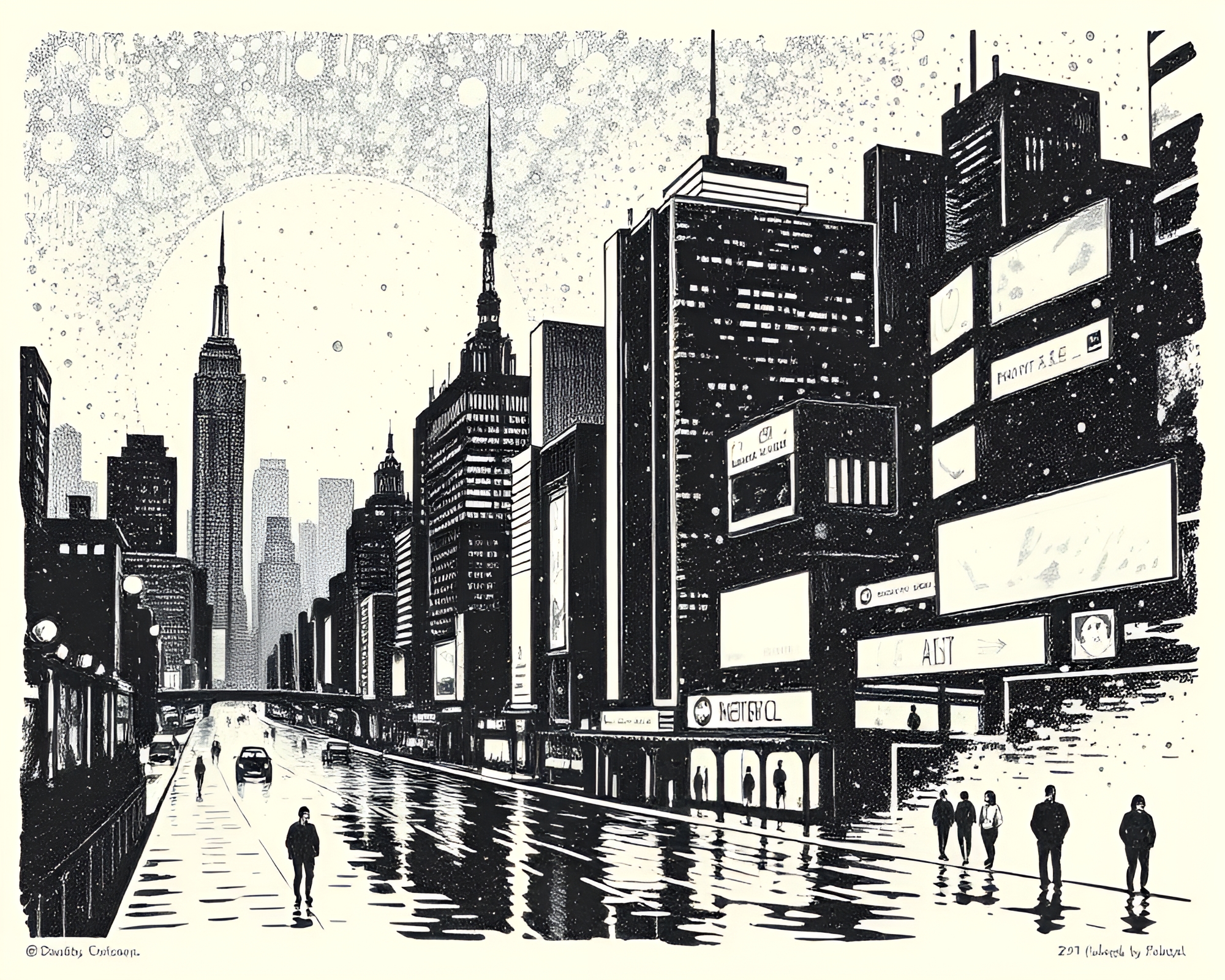 Futuristic Cityscape with Water Droplets in Woodcut Print Style – free AI stock image
