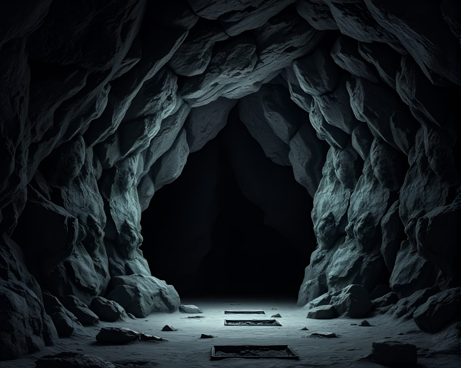 Intricate chalk drawings of elves in a dark cave entrance