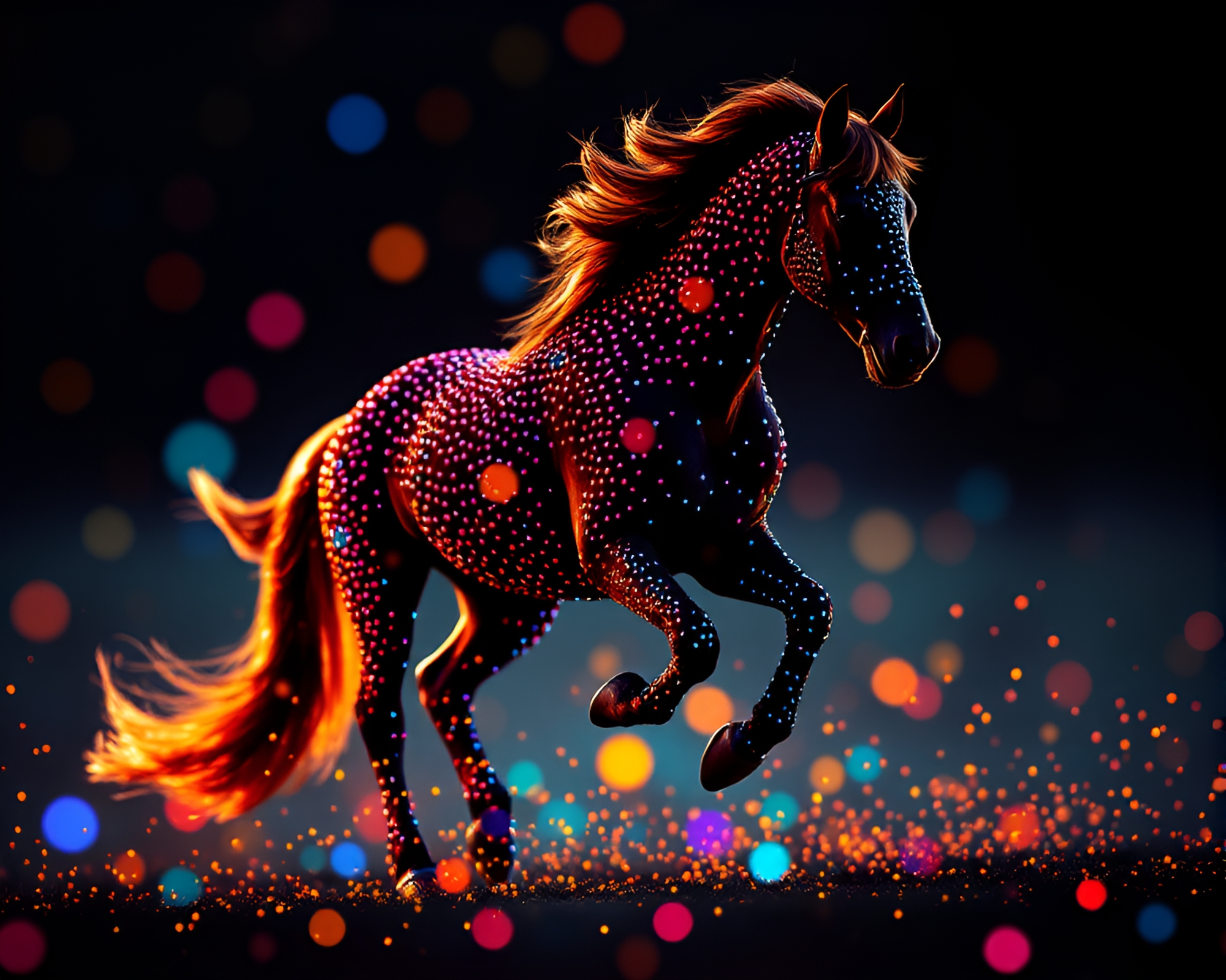 Stallion in Pointillist Dots: Hyper-Saturated Art – free AI stock image