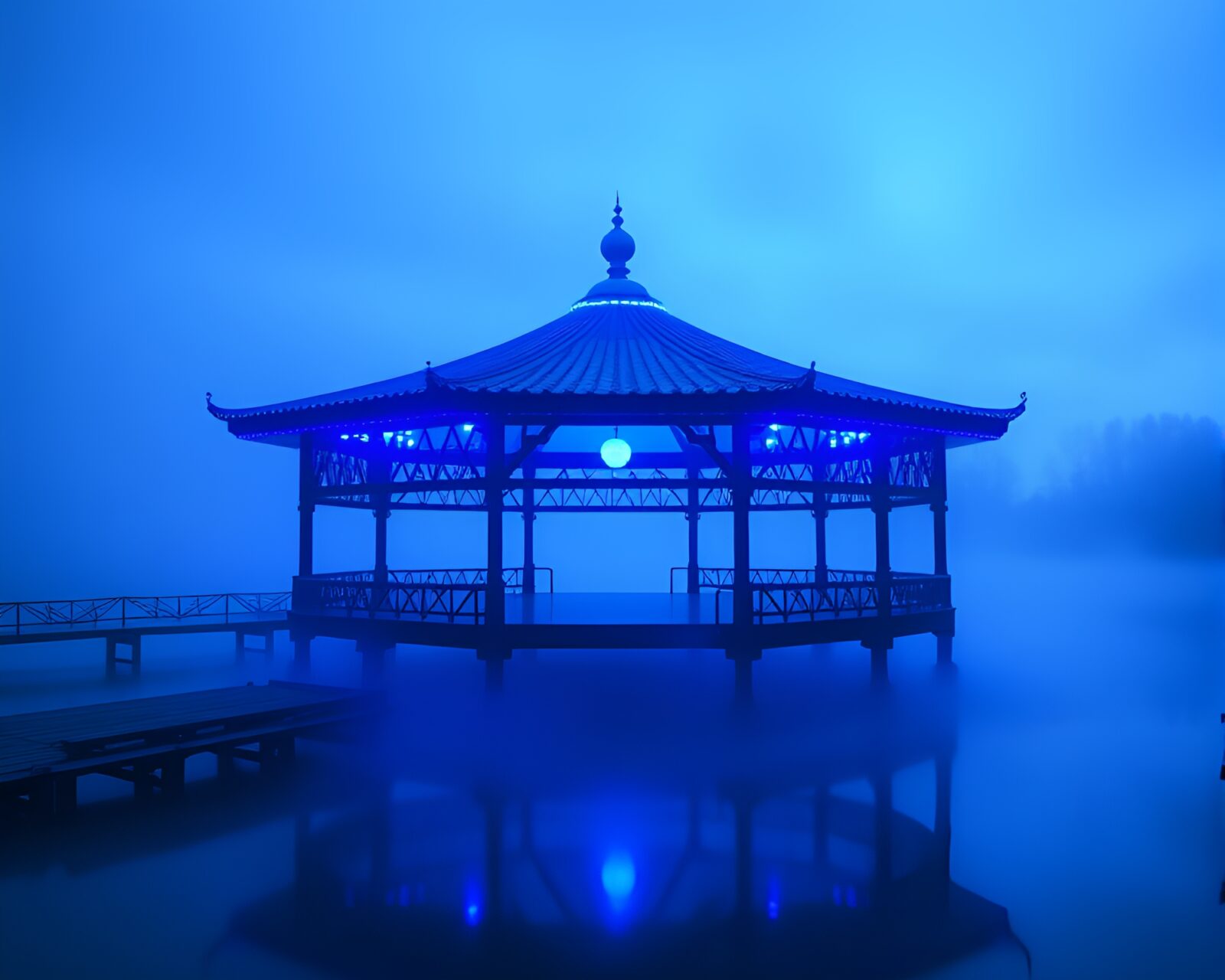 A futuristic pavilion floating in misty arctic blue neon glow