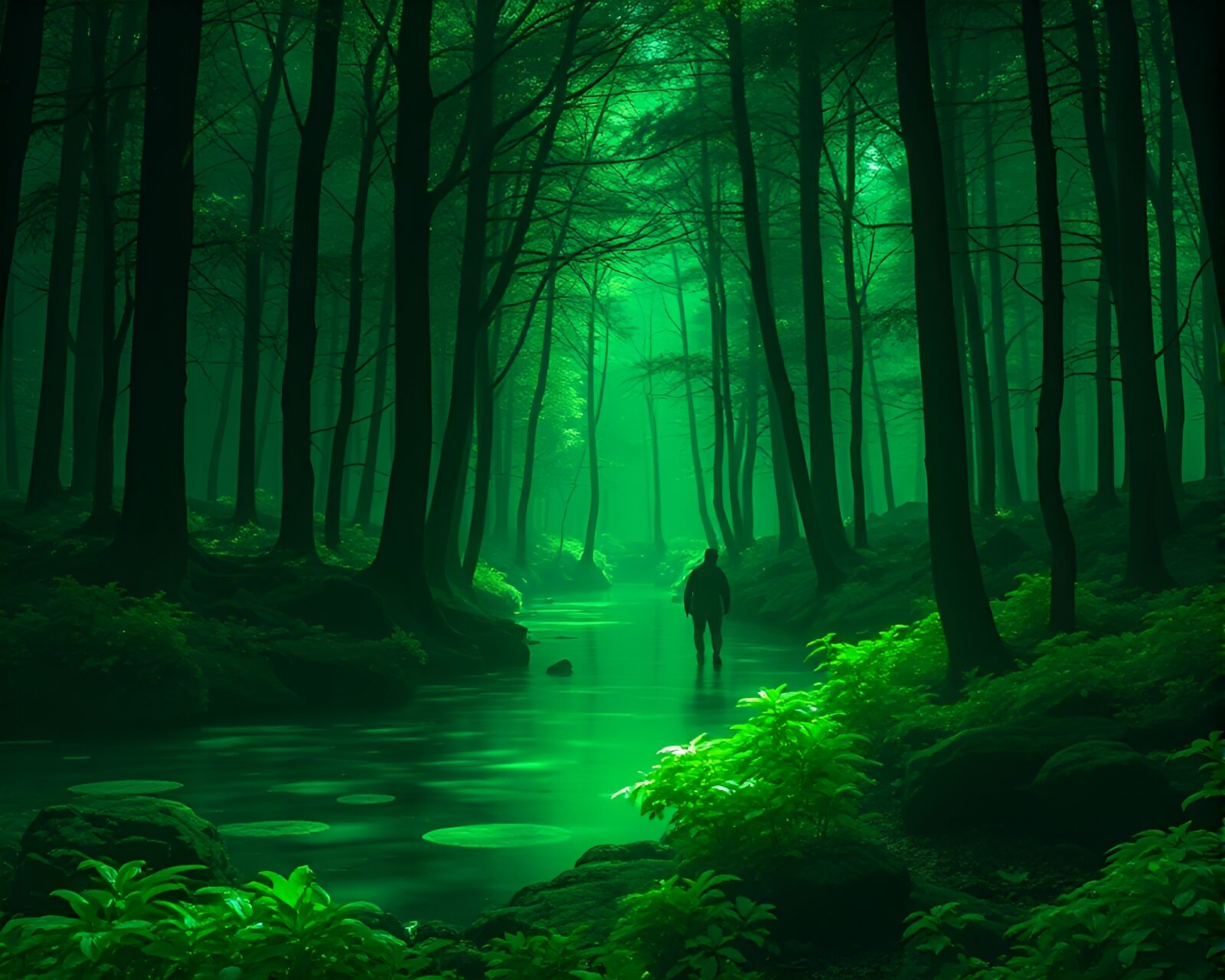Cartoon submersible exploring enchanted forest underwater with scan lines