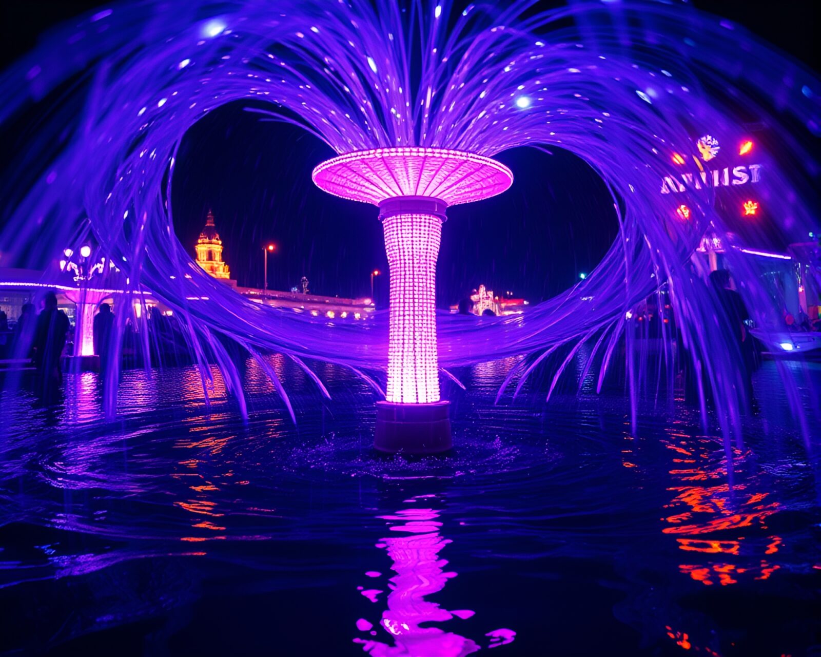 Beautiful and mesmerizing water whirlpool illuminated by neon carnival lights