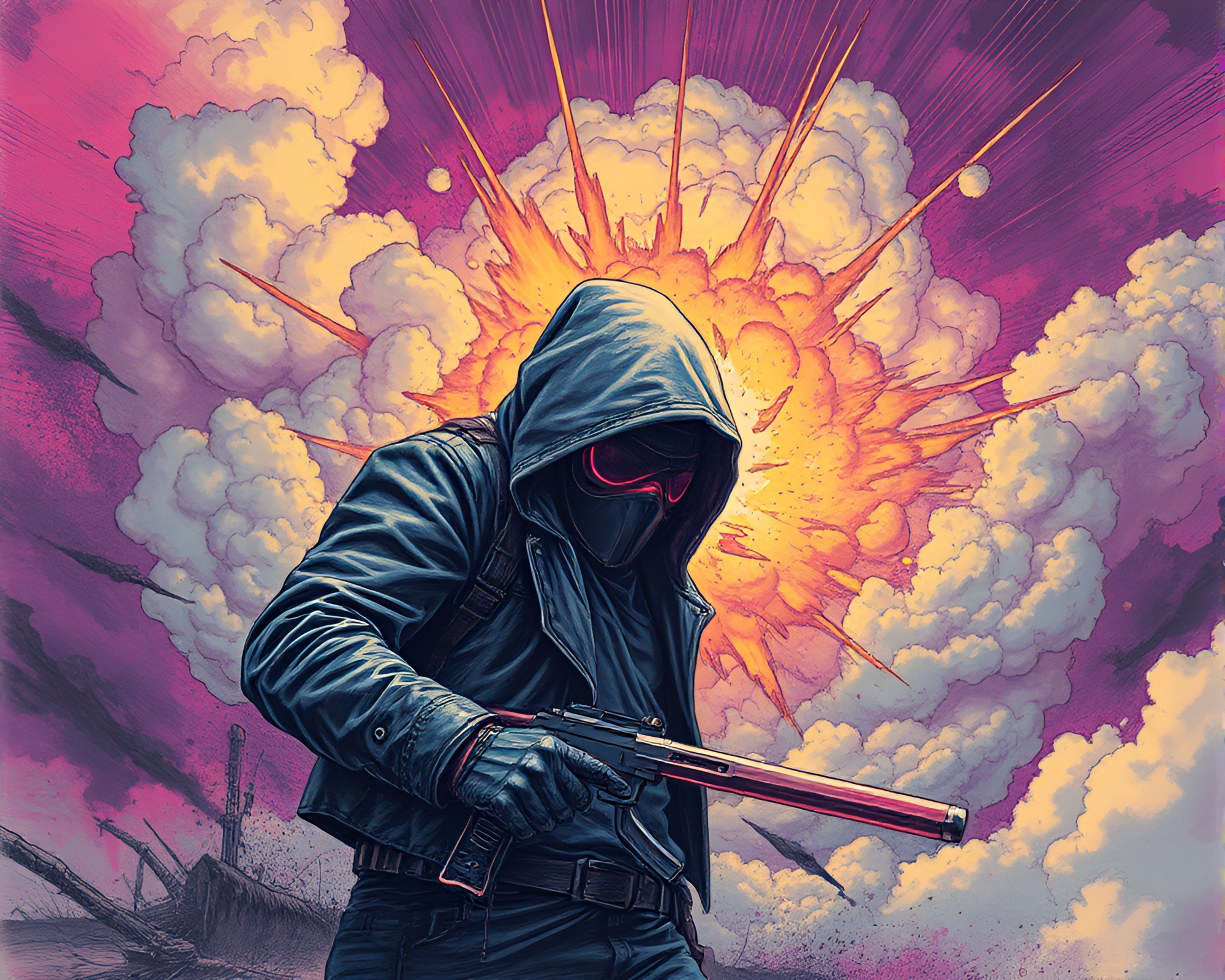 Cyberpunk Vigilante in Sapphire Explosion Cloud – free AI stock image