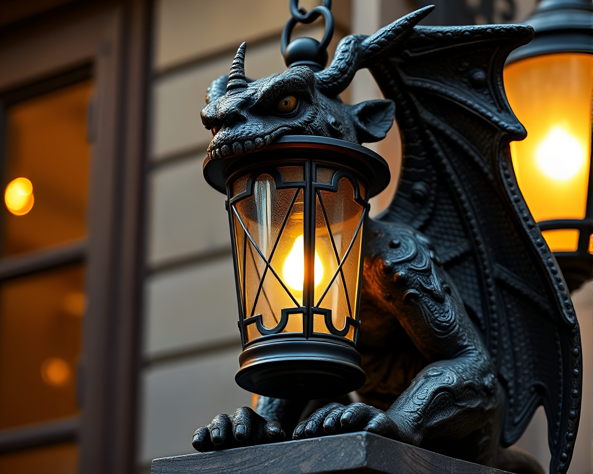 Gargoyle Statue with Beadwork Accents in Lantern Light – free AI stock image