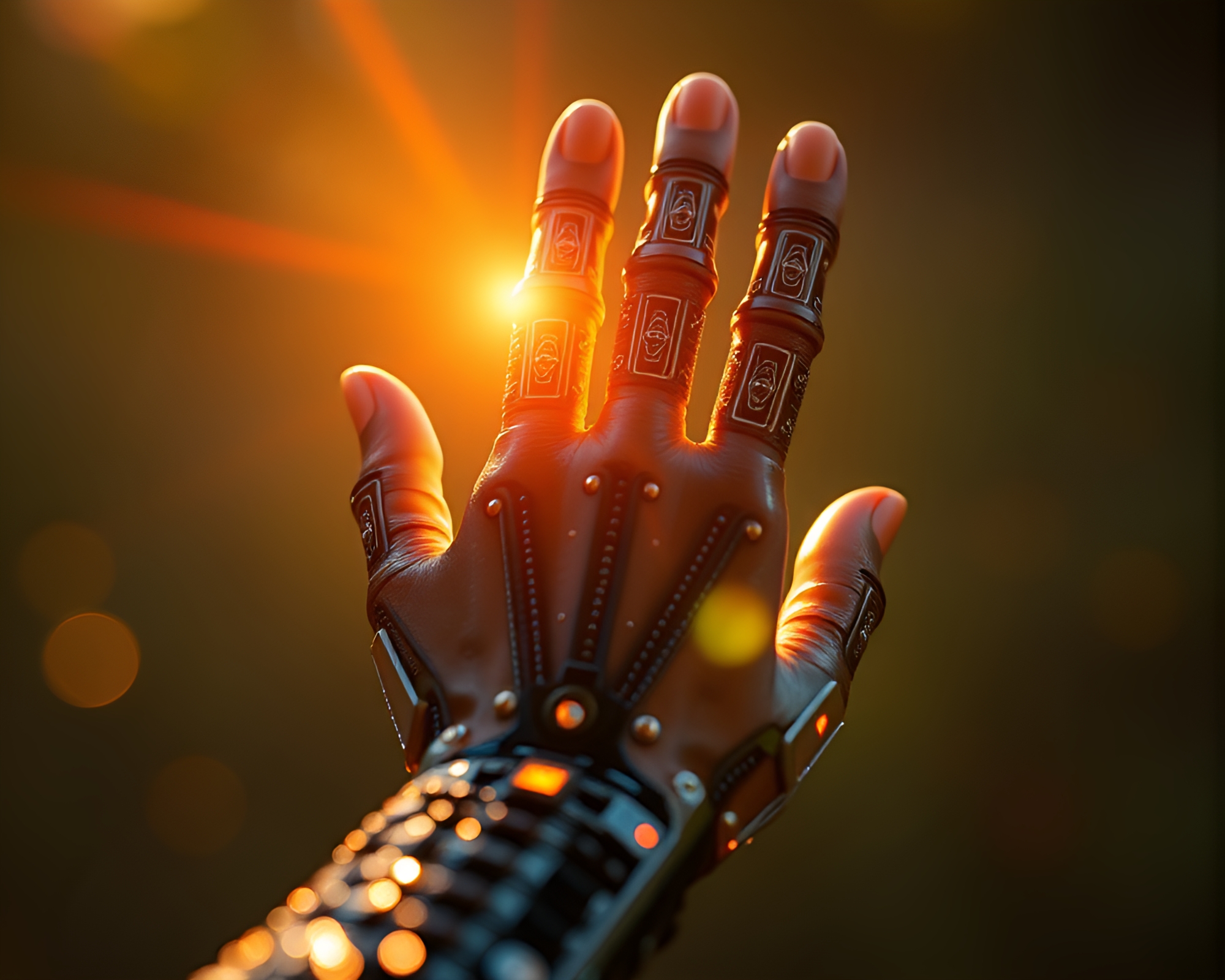 Cybernetic Hand with Beadwork Accents in Lens Flare – free AI stock image