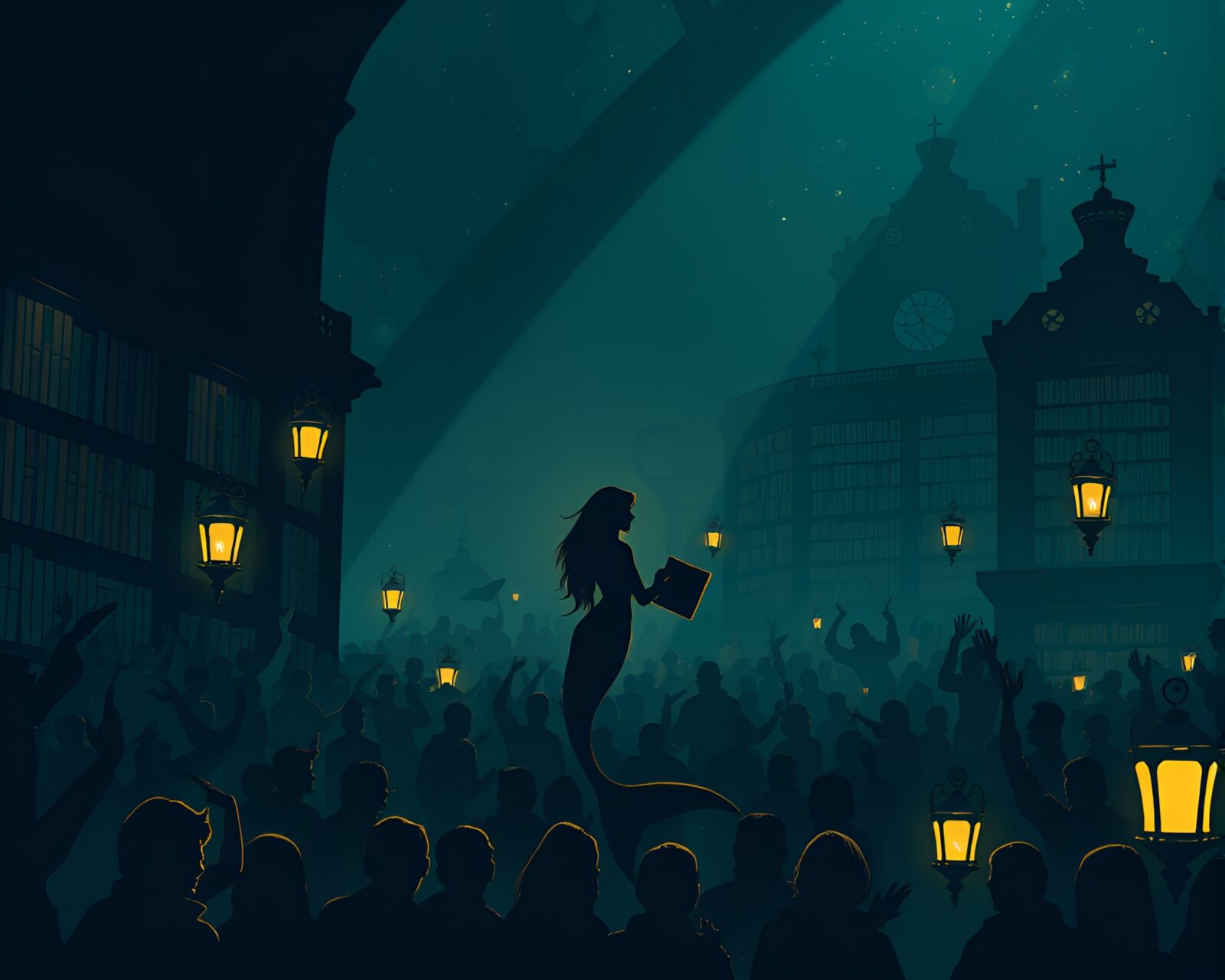 Elegant contouring image of mermaid among crowd silhouettes