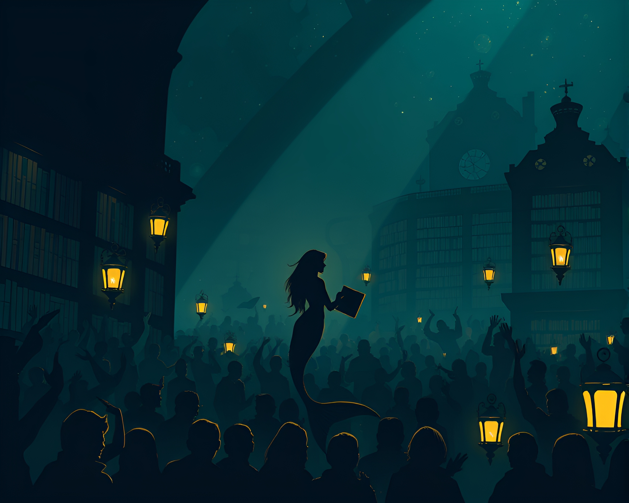 Enchanting Mermaid Silhouette in Library Lamp Light – free AI stock image