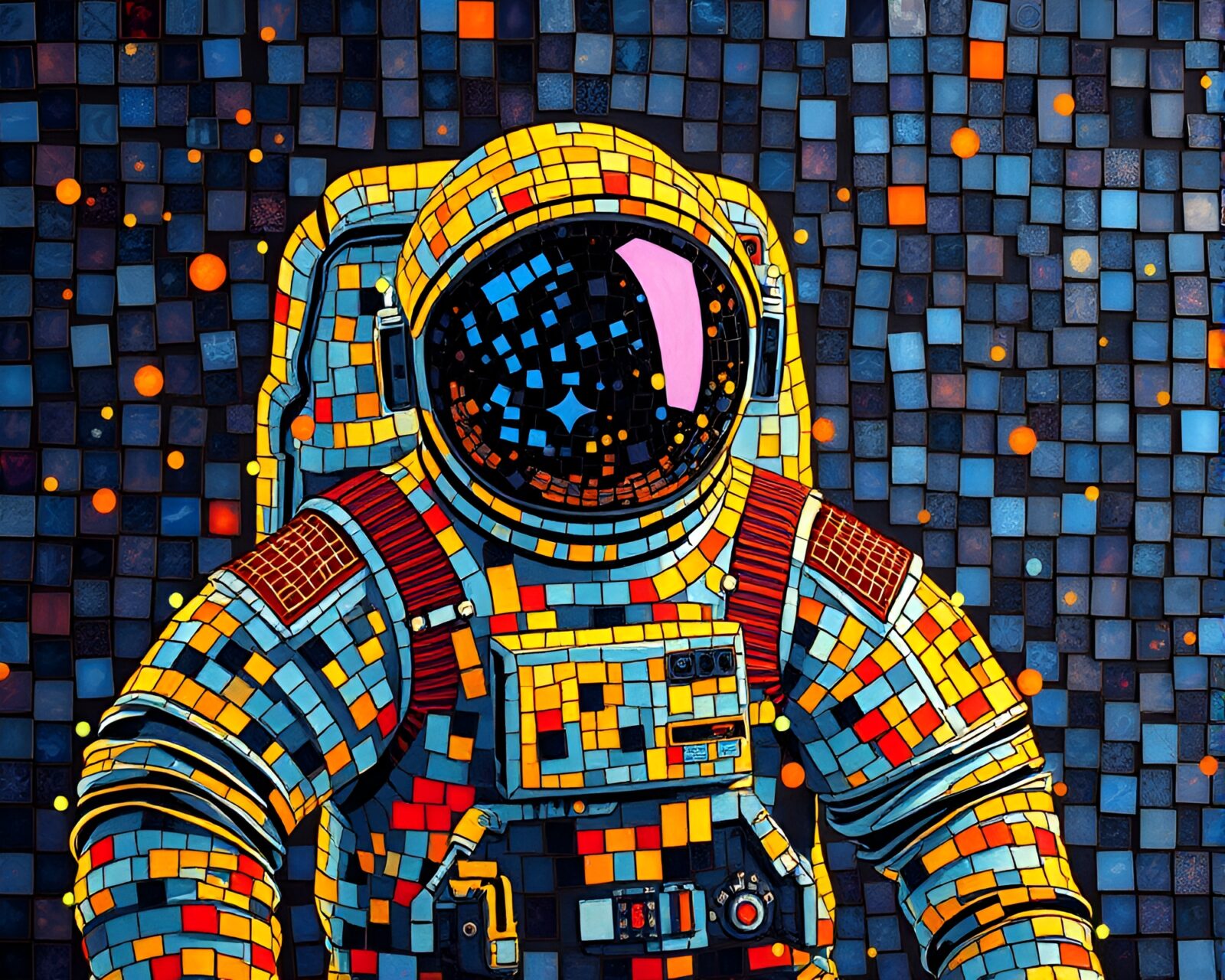 Abstract astronaut in checkered mosaic pattern under dramatic lighting