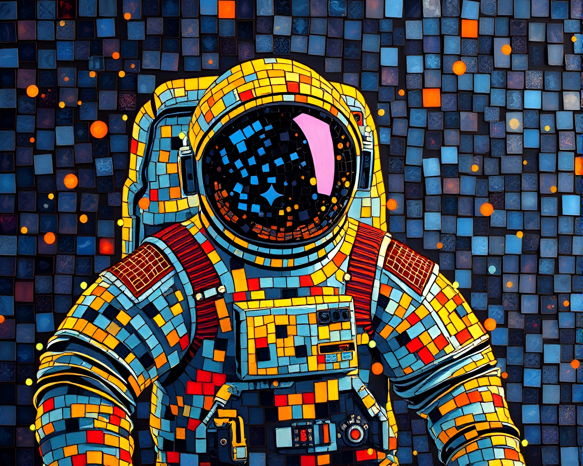 Checkered Astronaut Mosaic in Tempera Lighting – free AI stock image