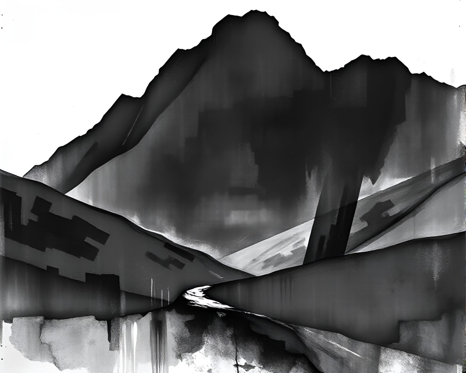 An artistic representation of a valley filled with darkness