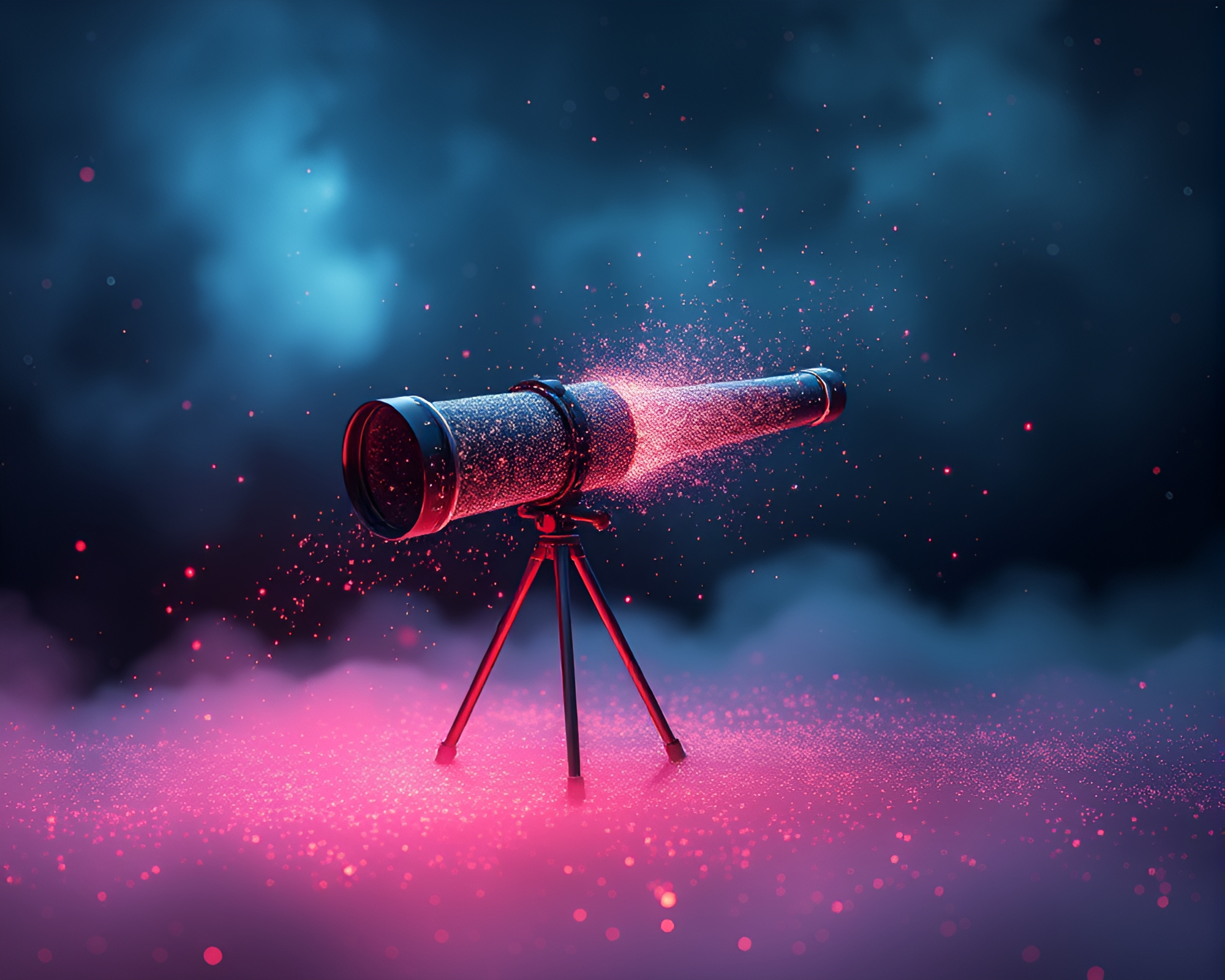 Mysterious Telescope Gazing through Glittering Foggy Night – free AI stock image