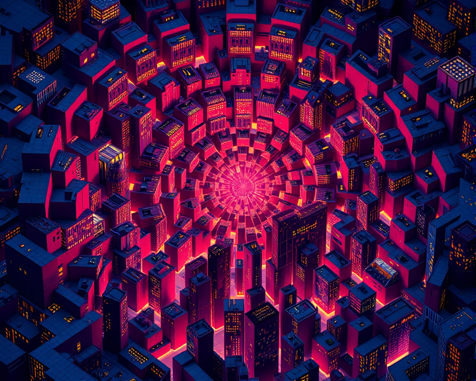 Vibrant neon cityscape with intricate spiral patterns and tessellations