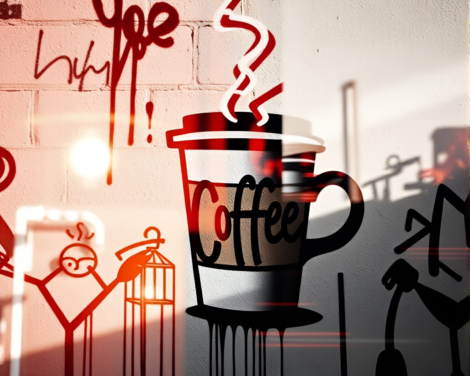 Urban mural of a coffee cup in double exposure style