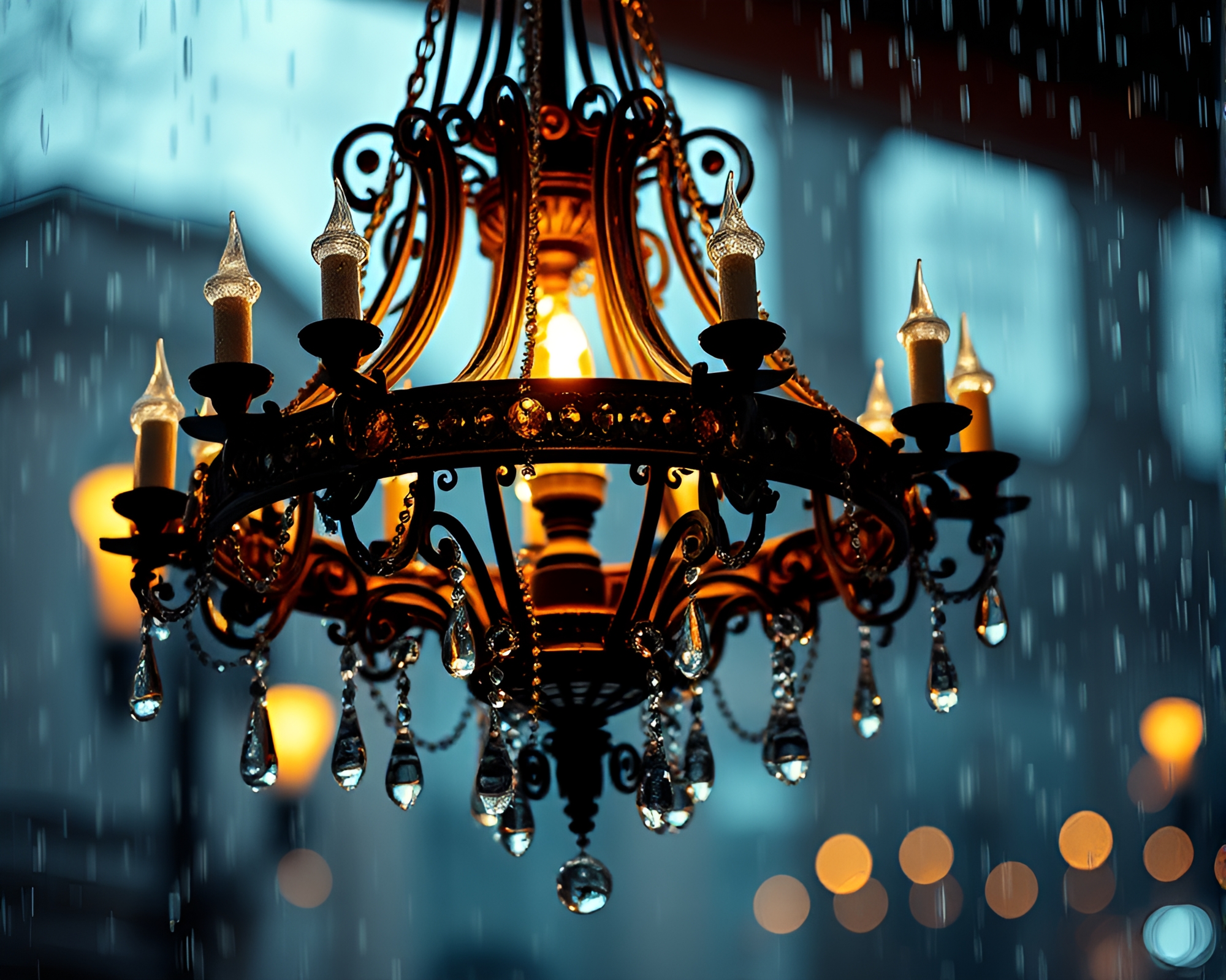 Victorian Rainy Reflections: Digital Chandelier Art – free AI stock image