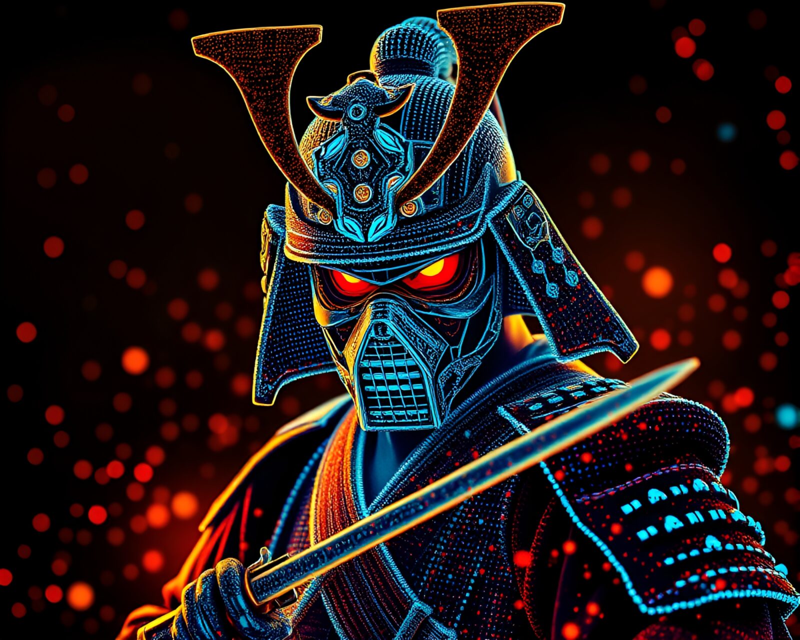 Thermal rendering of Samurai warrior in pointillist style