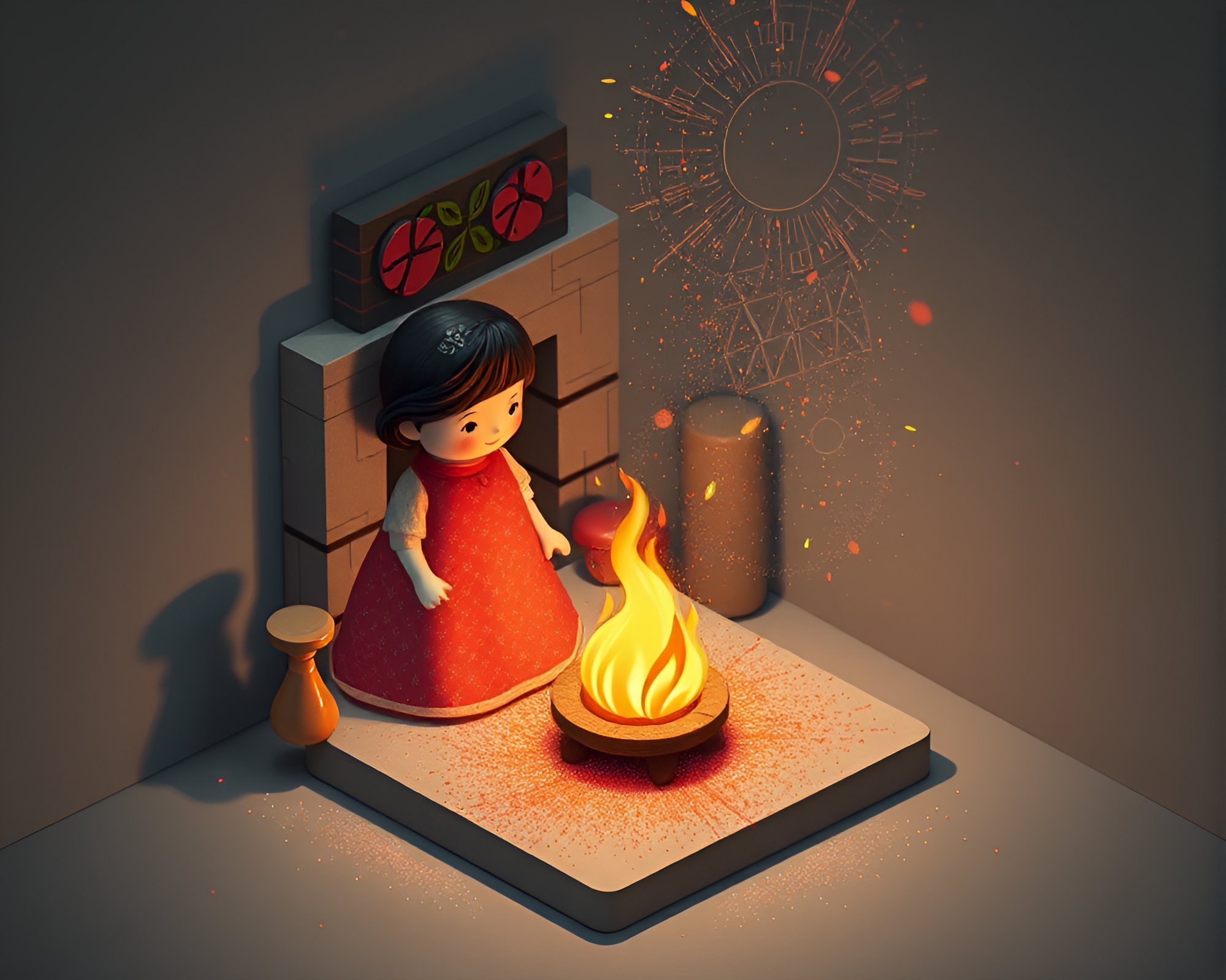 Isometric Porcelain Doll by Fireplace in Dust Particles – free AI stock image