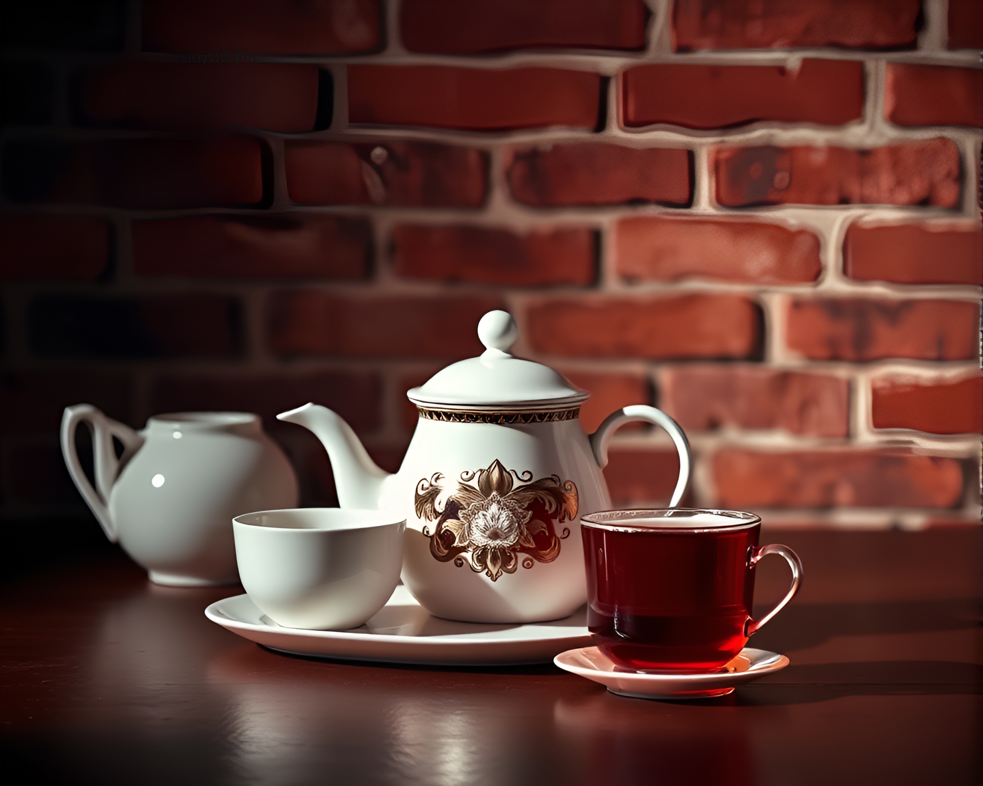 Maximalist Brick Red Tea Set Studio Composition – free AI stock image