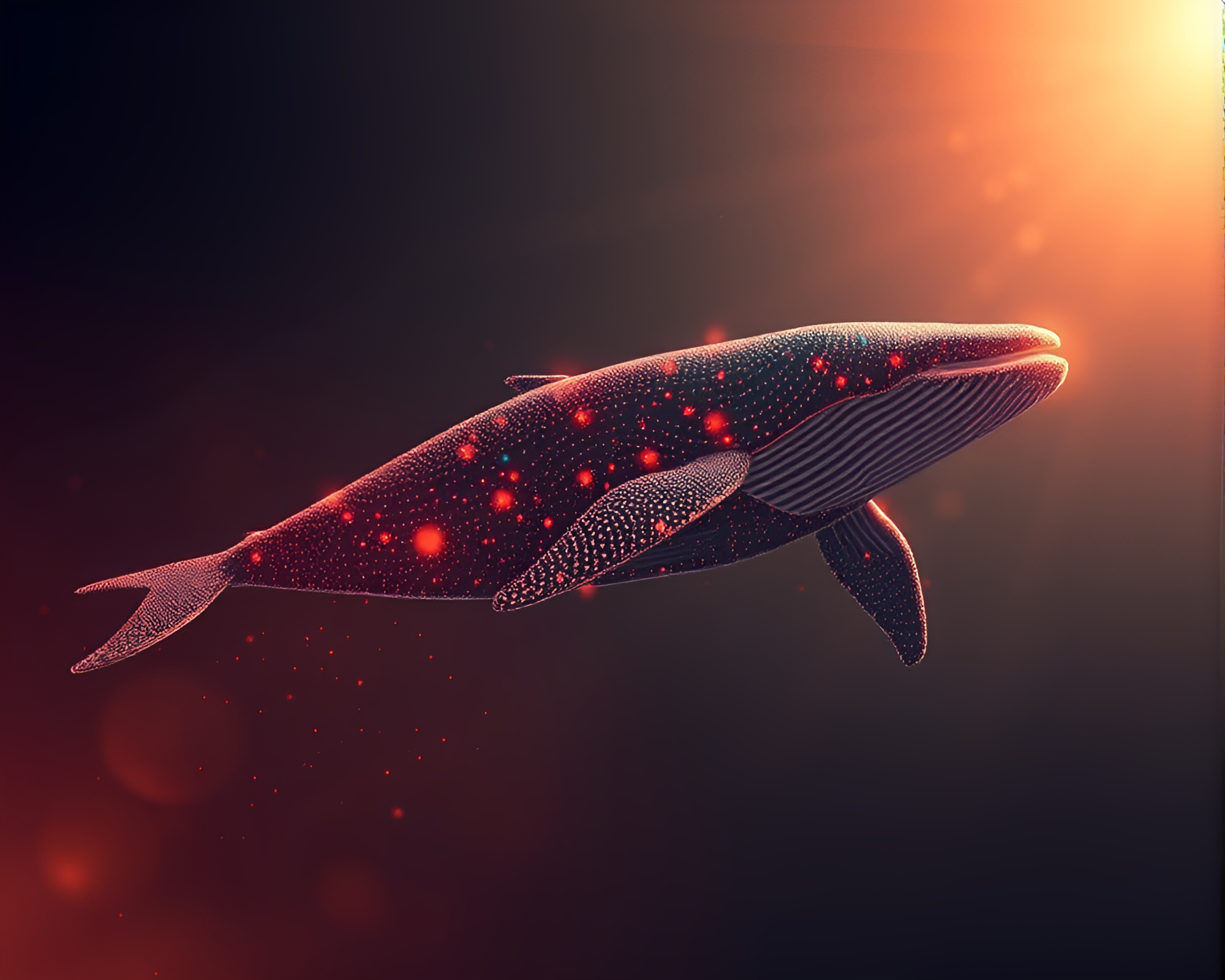 Whale Swimming in Peachy Backscatter Flare Ocean – free AI stock image