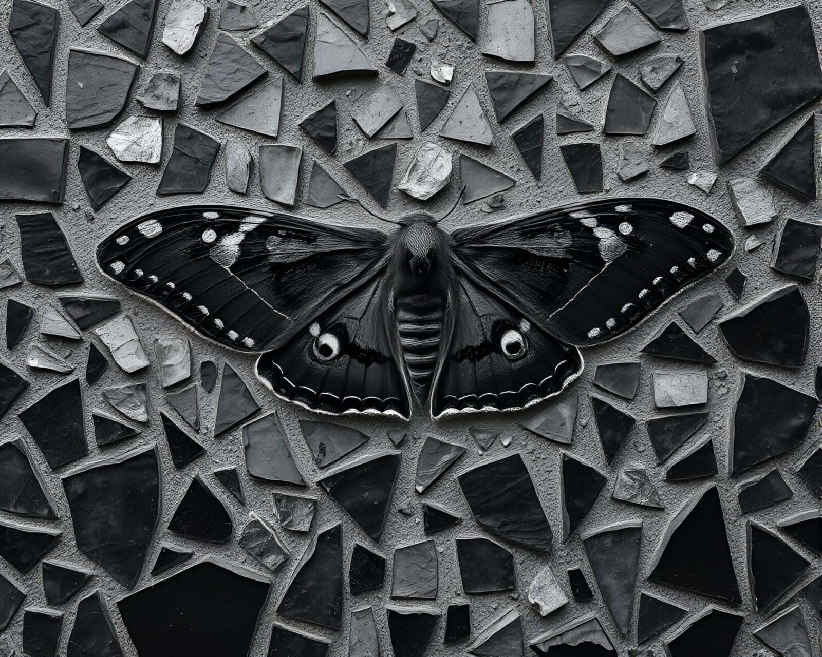 Broken mosaic fragments forming a moth in dark lighting