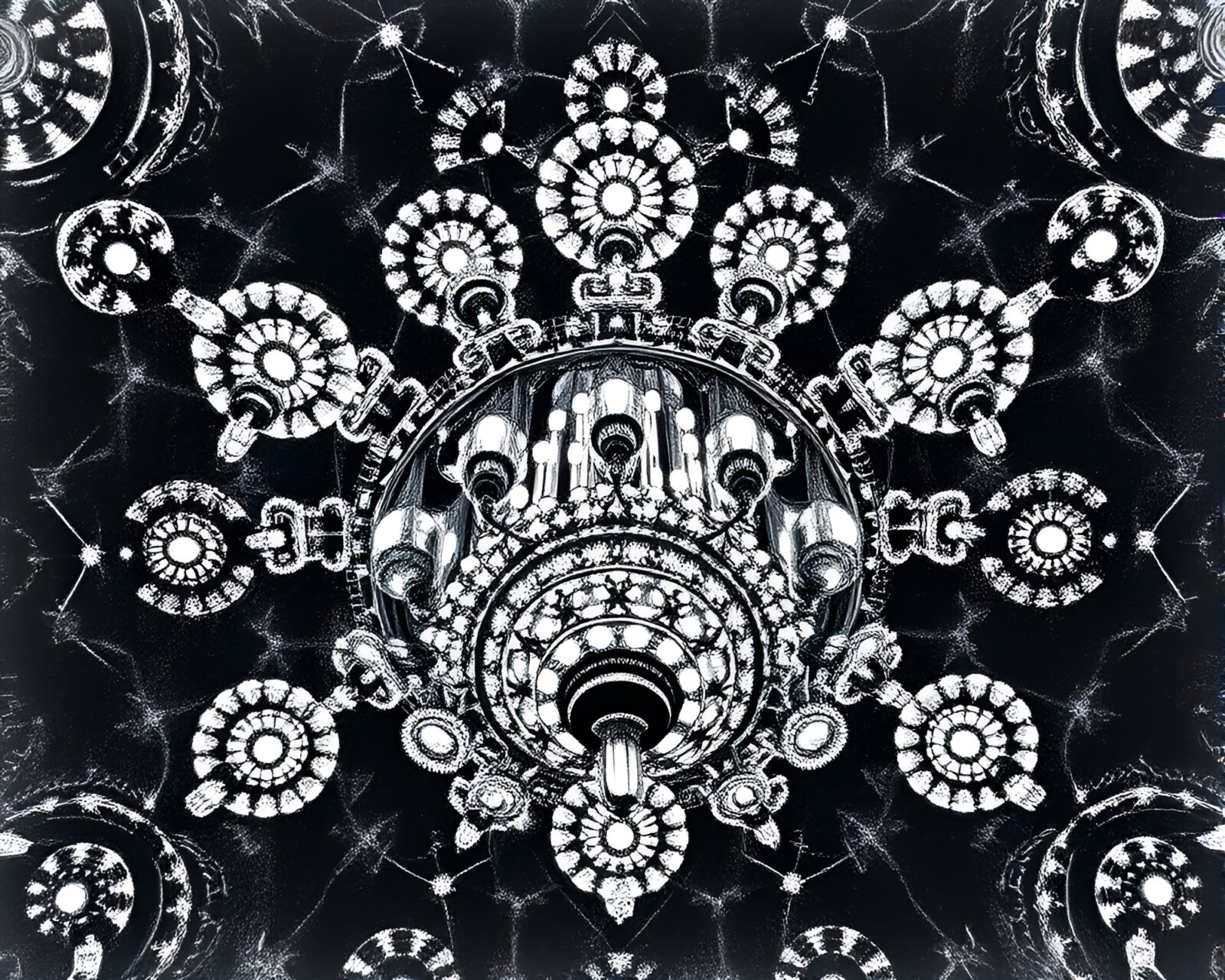 Intricate kaleidoscope Victorian chandelier in LED pixel grid style