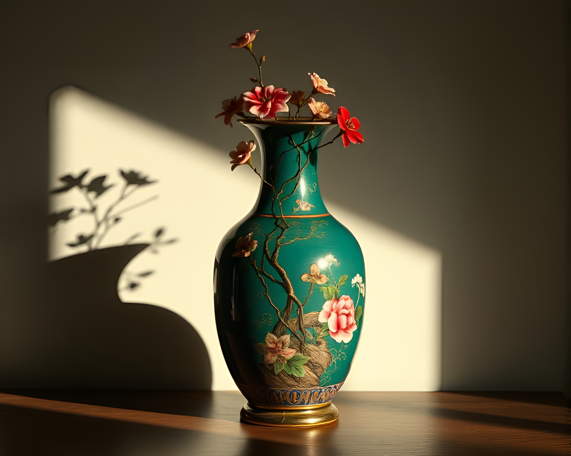 Ethereal Cloisonné Vase in Muted Shadows – free AI stock image