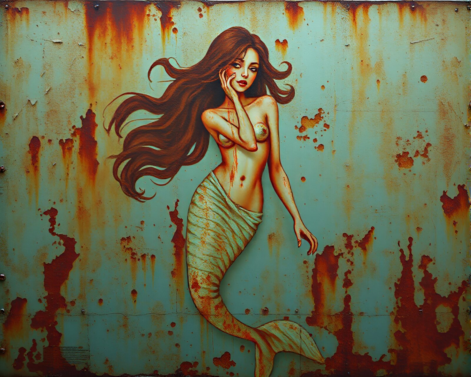 Mermaid with rust patina scales in pixelated light scene