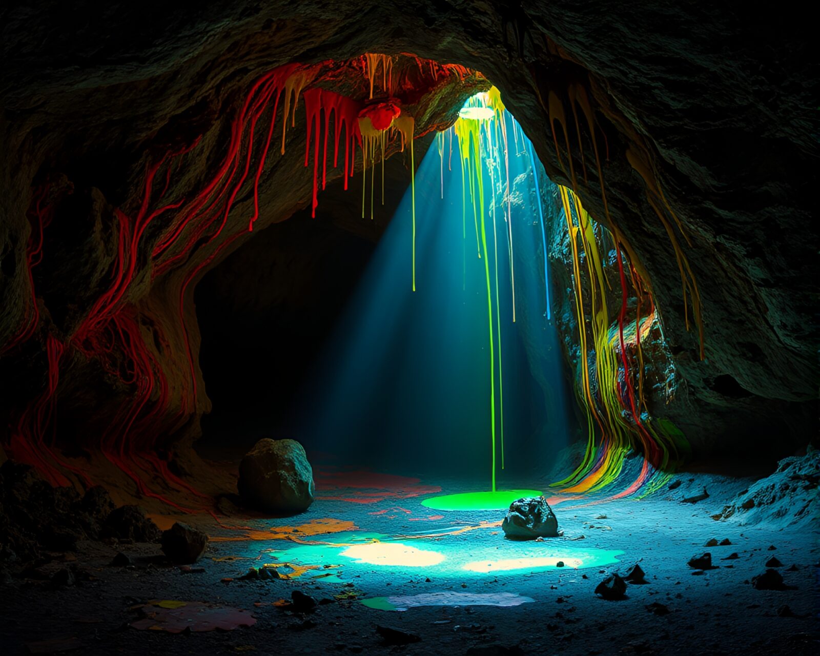 Collaboration of spray paint and cave art with light leaks