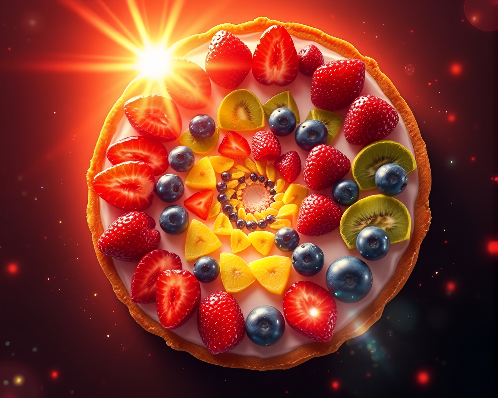 Futuristic Solar Flare Glow Fruit Tart Composition – free AI stock image