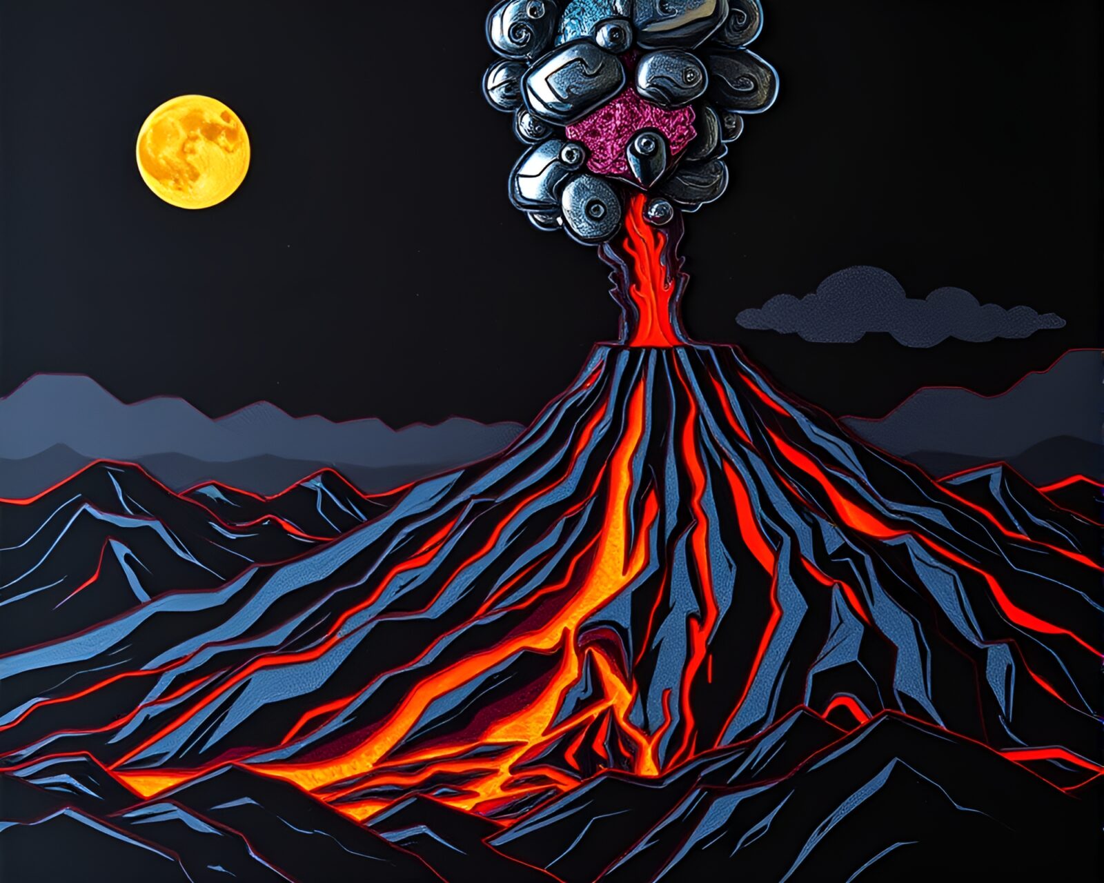 Colorful origami volcano erupting in neon graffiti light.
