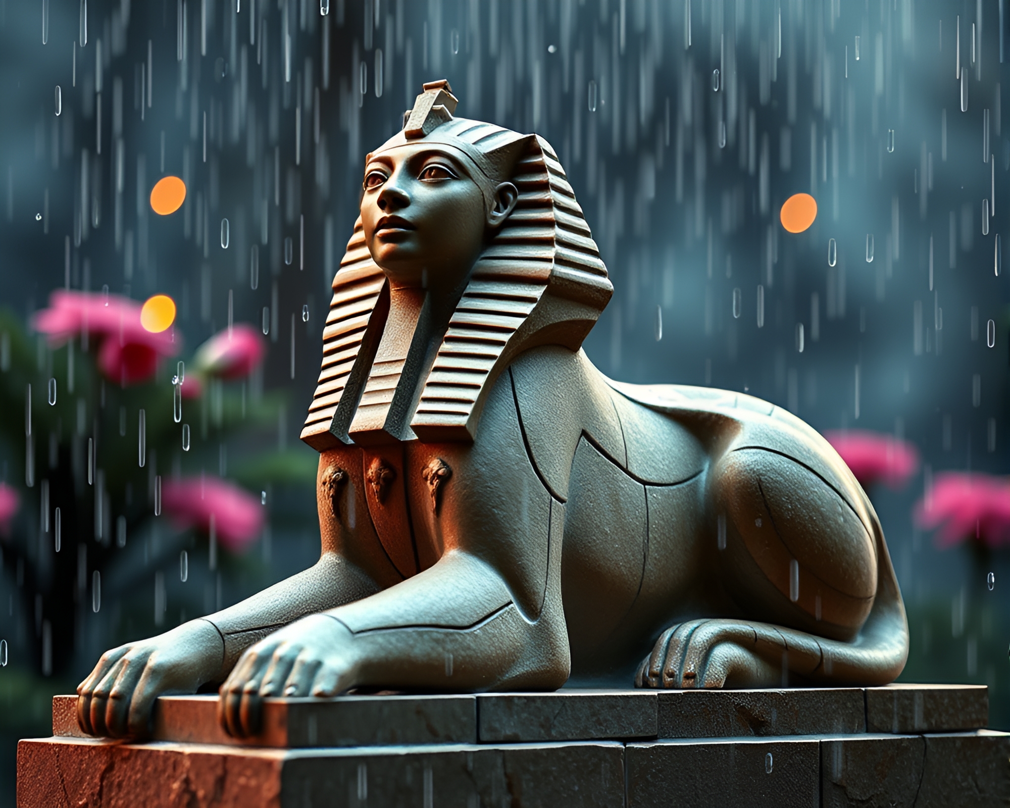 Sphinx Statue in Digital Bloom Amid Rain Droplets – free AI stock image