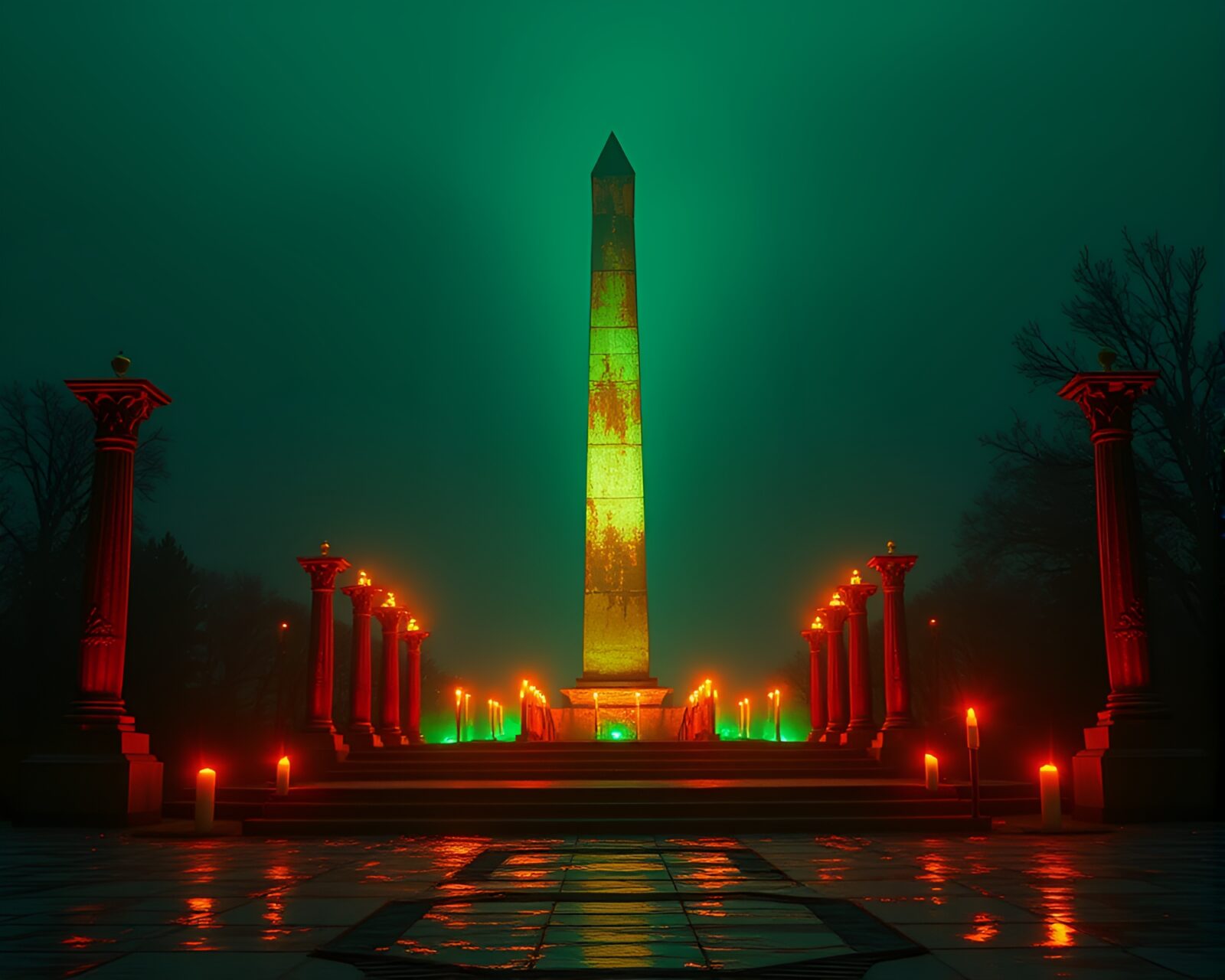 Majestic obelisk surrounded by emerald green candlelight and rust streaks