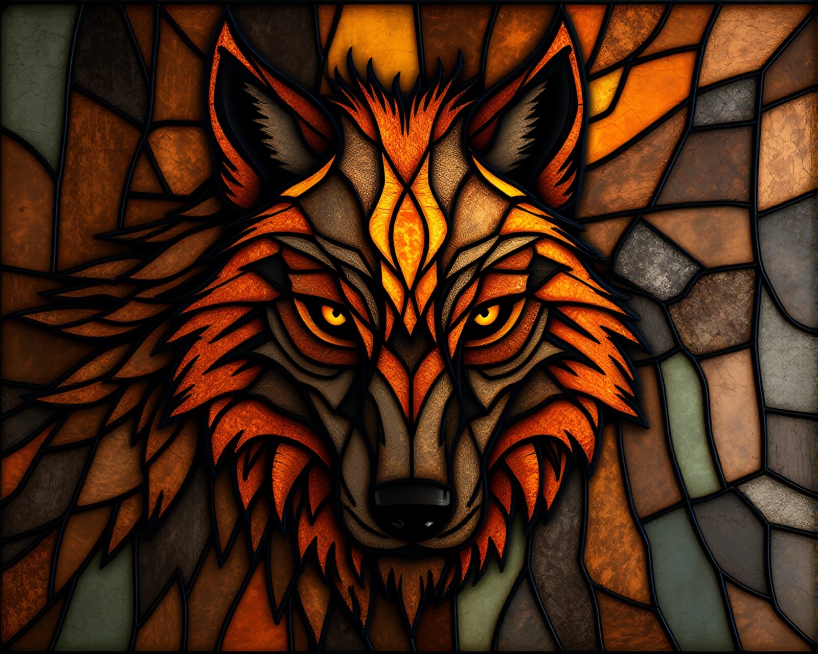 Stained glass-style image of a werewolf with copper hues