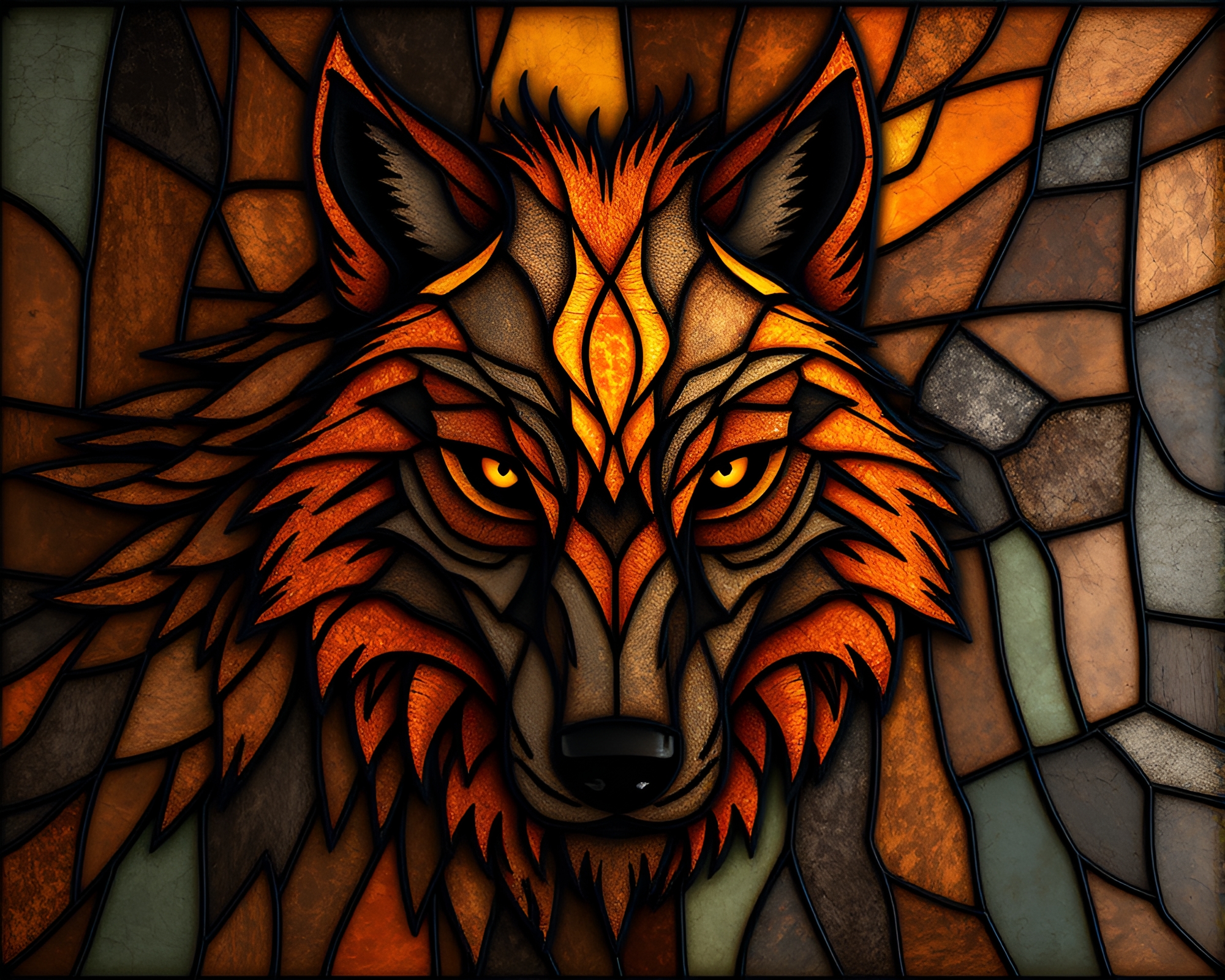 Werewolf Stained Glass in Copper Tones Composition – free AI stock image