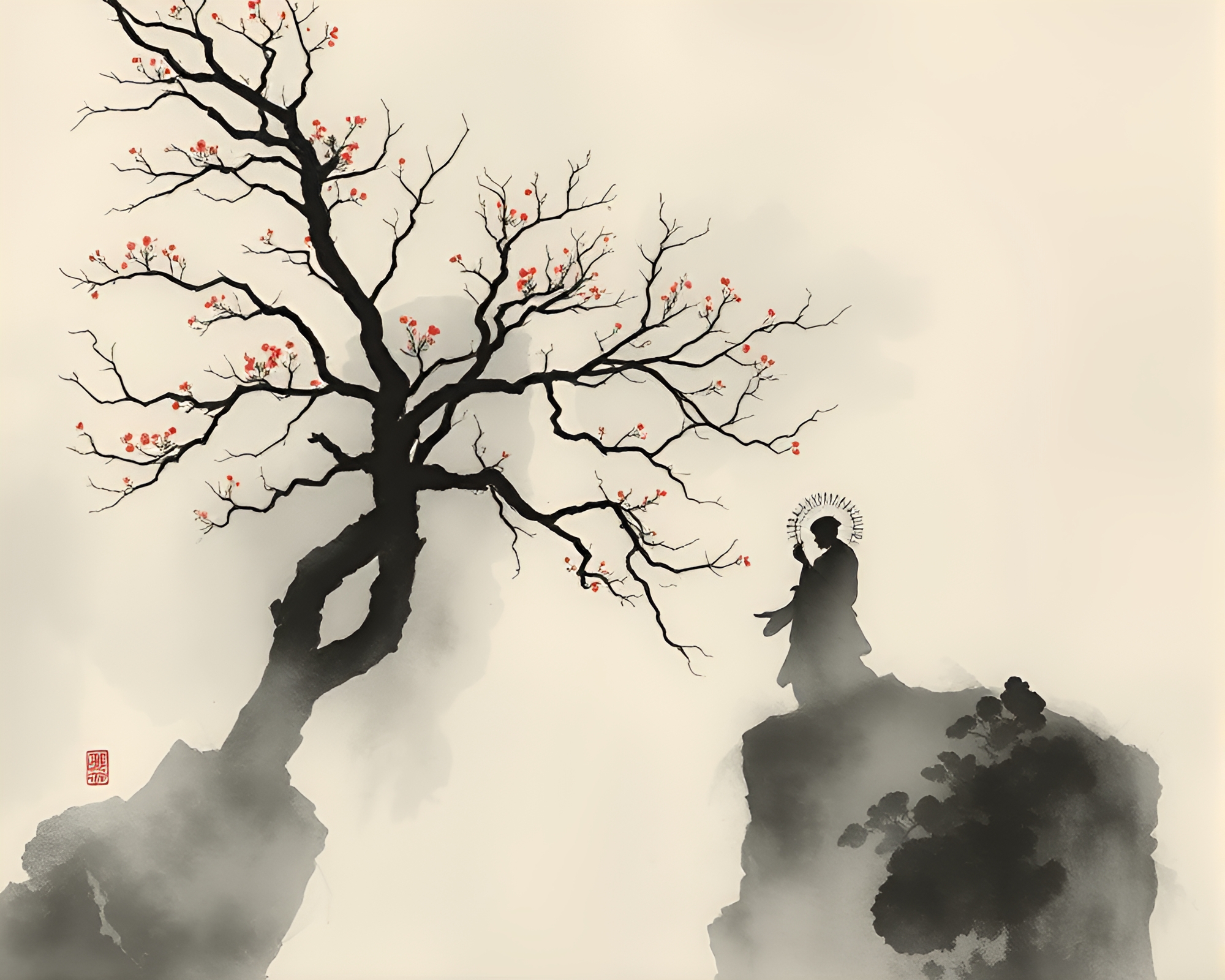 Ethereal Nymph in Misty Sumi-e Forest – free AI stock image