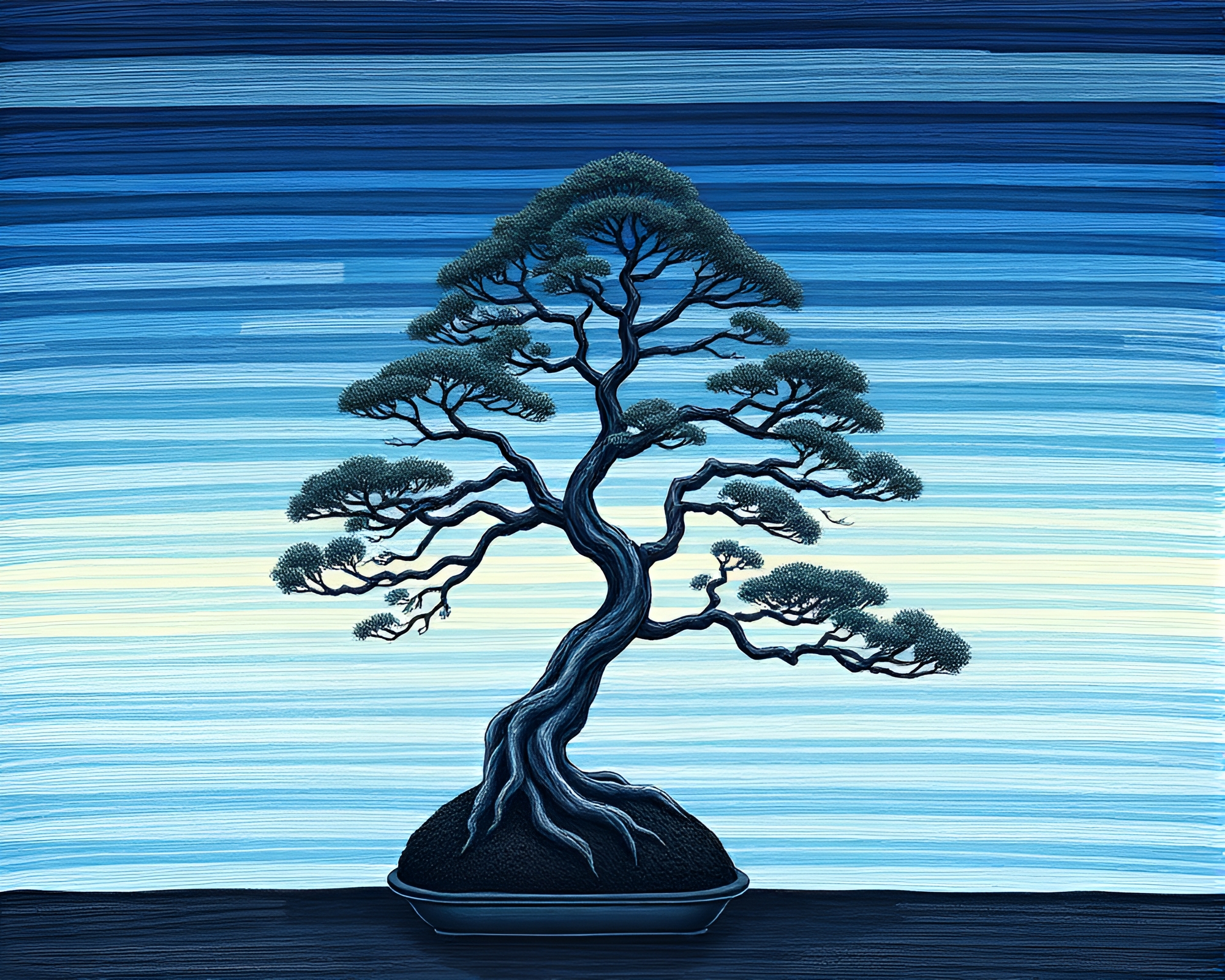 Twilight Bonsai Beauty in Grisaille Stripes – free AI stock image