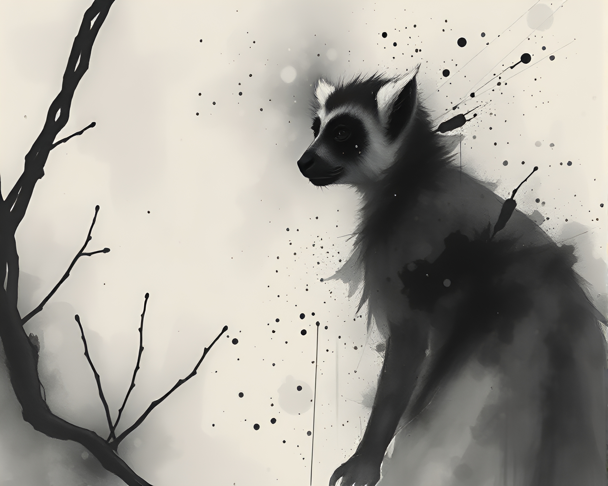 Ink Splashed Lemur in Foggy Fresco Painting – free AI stock image