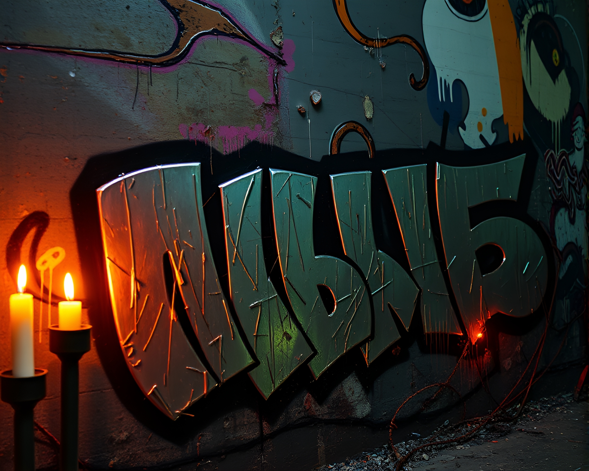 Eldritch Metallic Graffiti: Candlelit Cosmic Horror – free AI stock image
