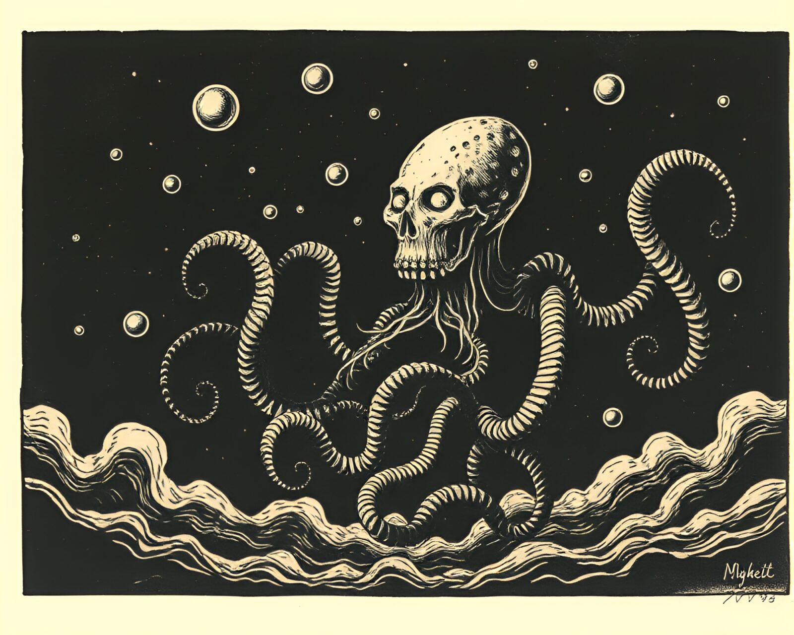 Kraken surrounded by floating particles in vintage style