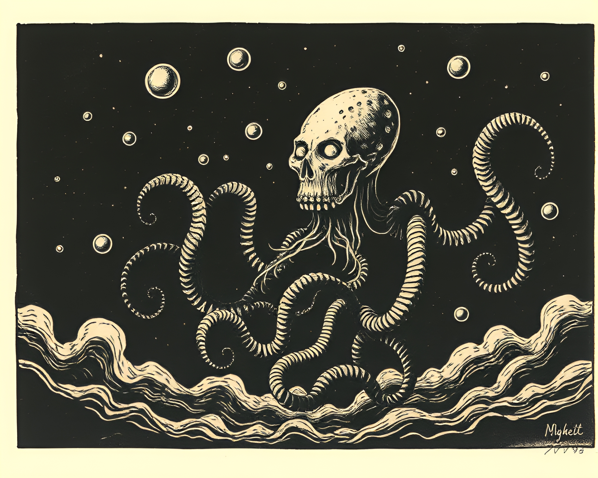 Vintage Polaroid of Kraken in Woodcut Print – free AI stock image