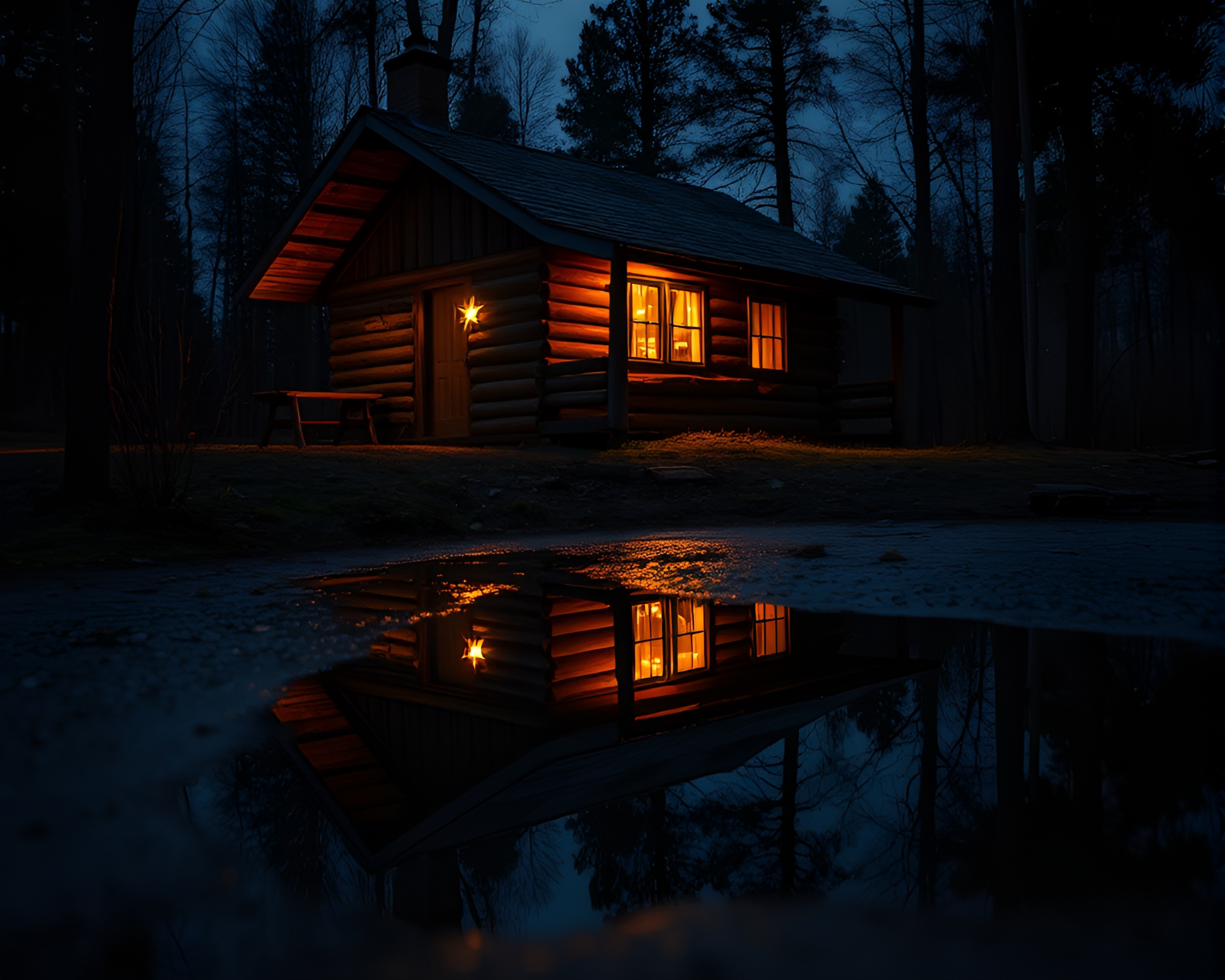 Rustic Cabin Puddle Reflection Stained Glass Fantasy – free AI stock image