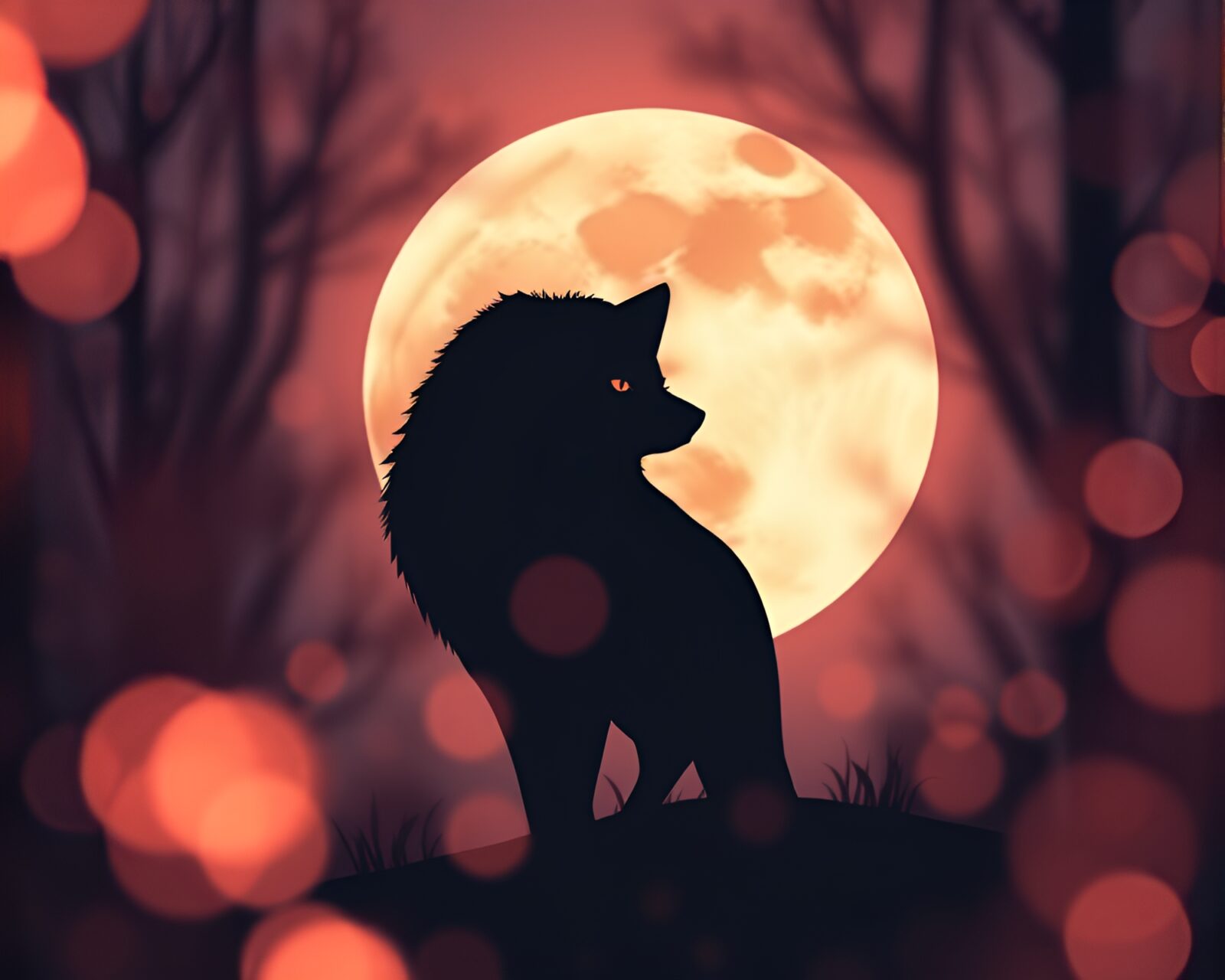 Majestic wolf under moonlight with dreamy bokeh foreground