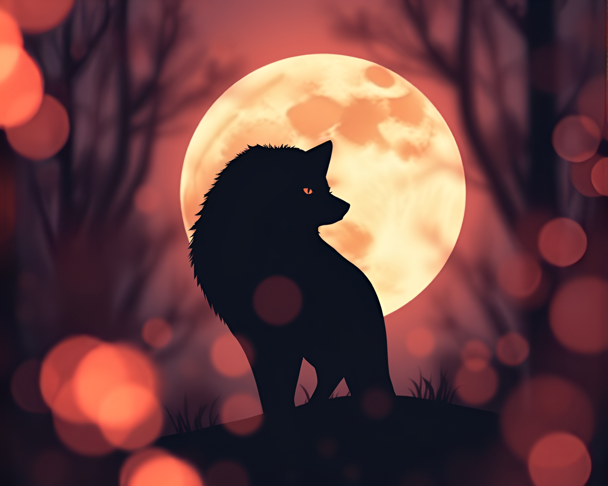 Moonlit Wolf Silhouette with Ethereal Rose Gold Bokeh – free AI stock image