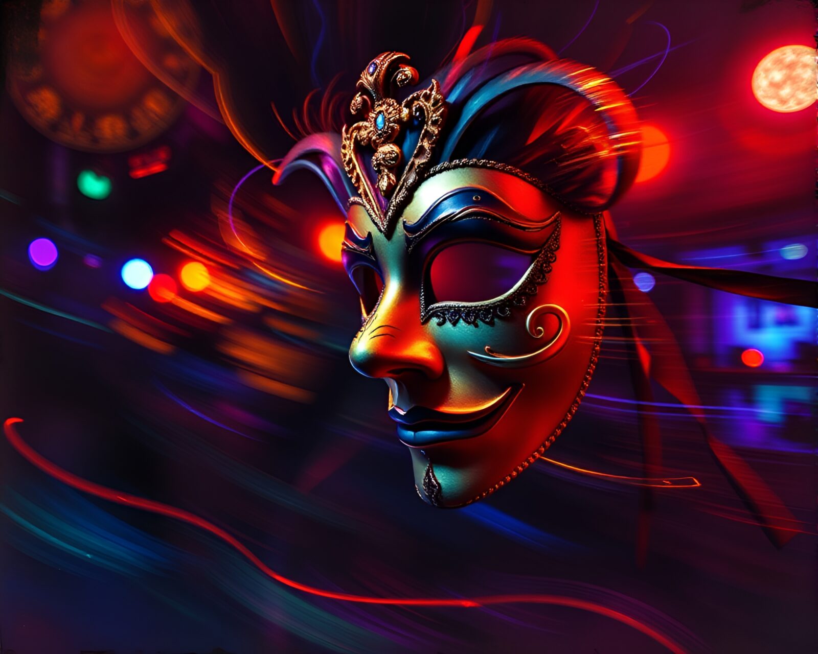 Gouache painting of Venetian mask in dynamic club setting