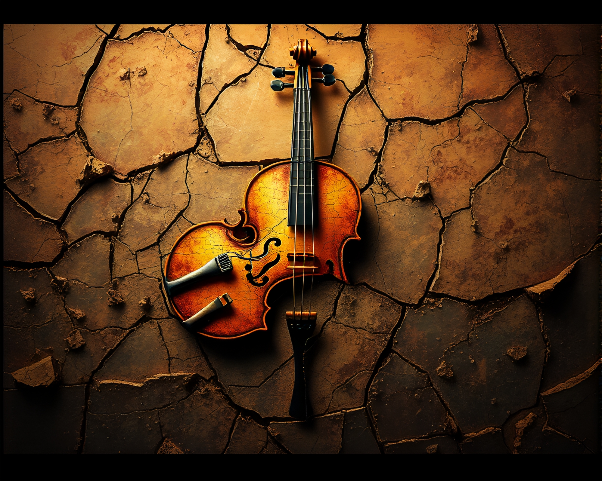 Cracked Earth Violin Melody in 8-Bit Expired Film – free AI stock image