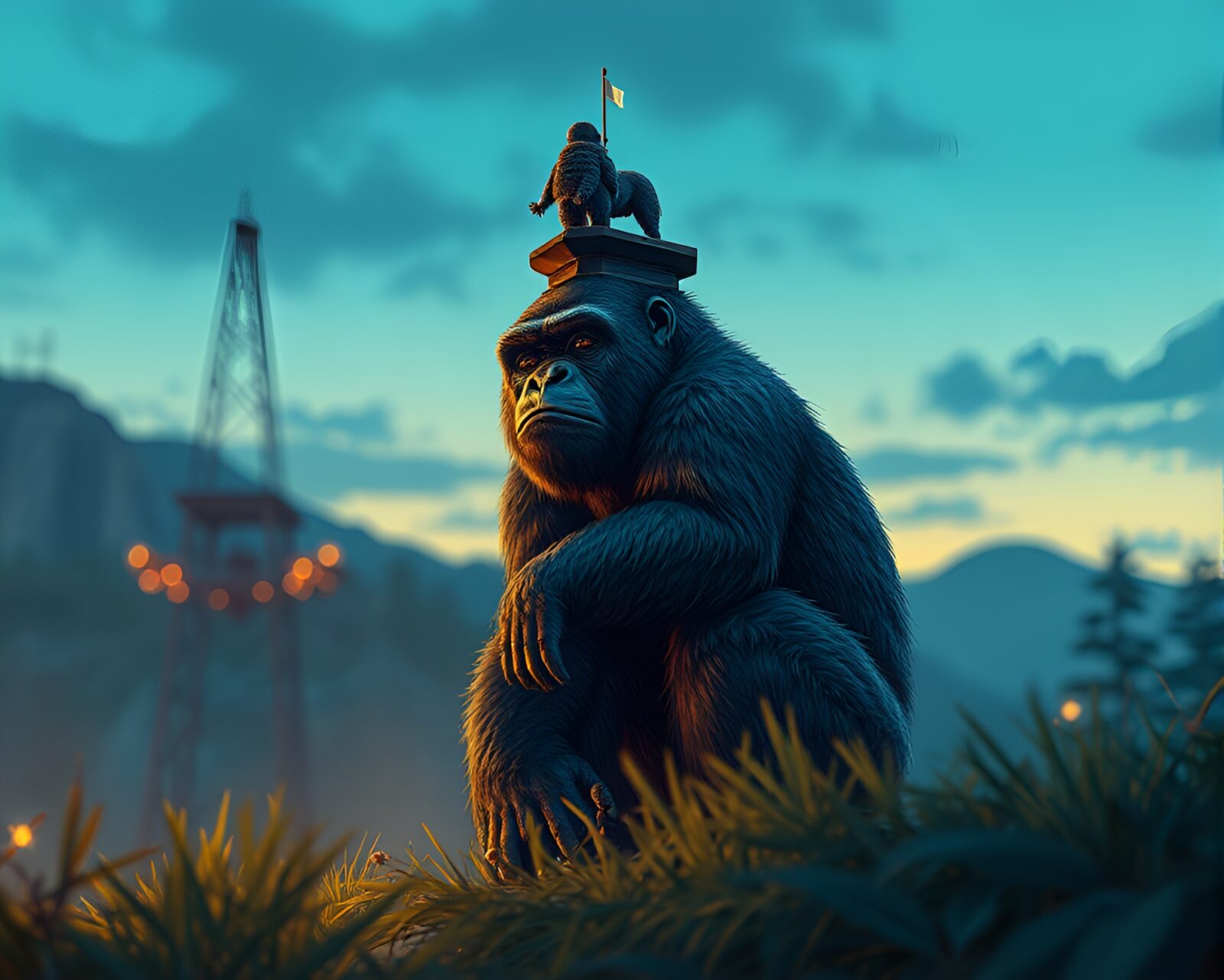A majestic gorilla in twilight blue hour with steampunk elements