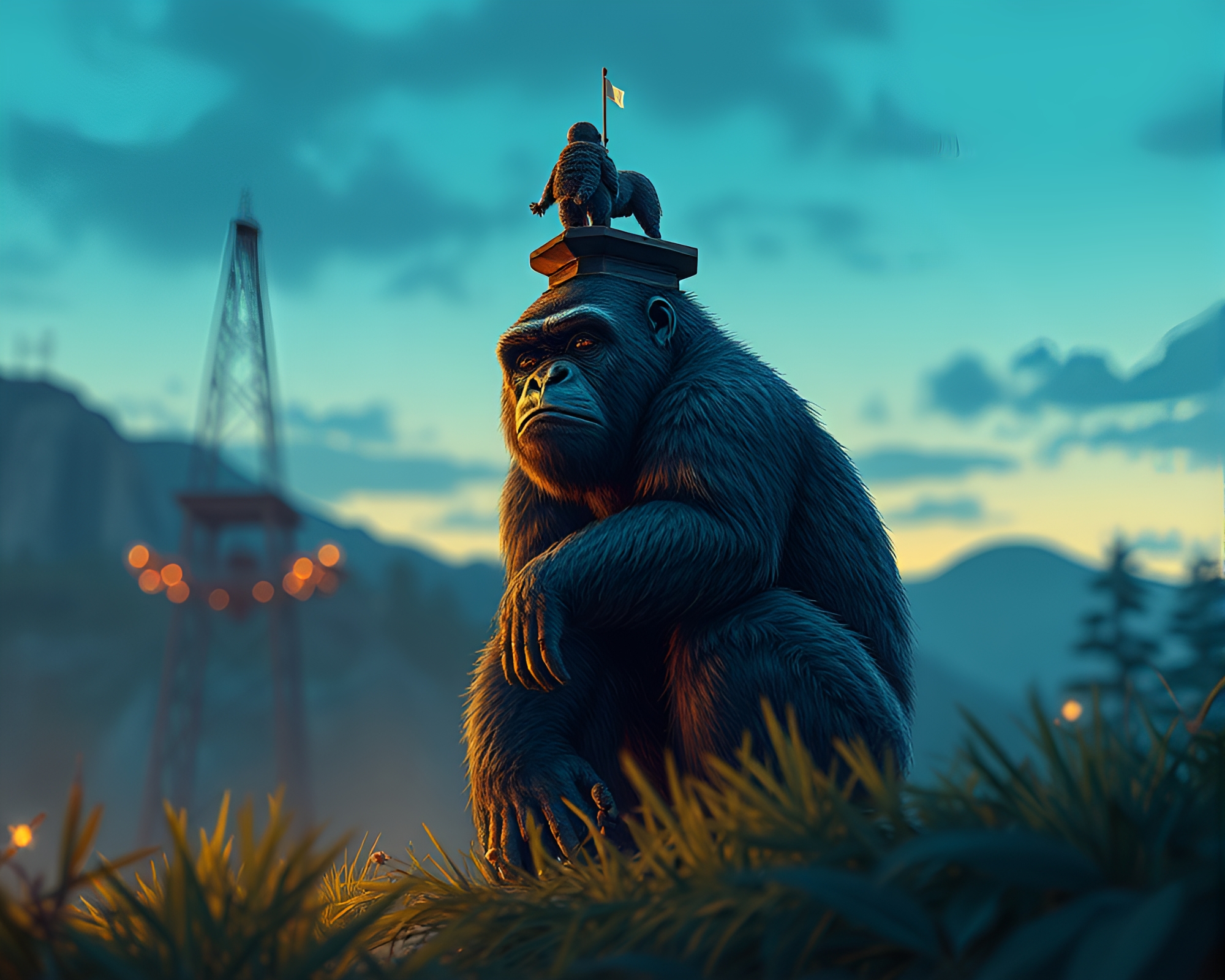 Twilight Steampunk Gorilla Focus Stacking Illustration – free AI stock image
