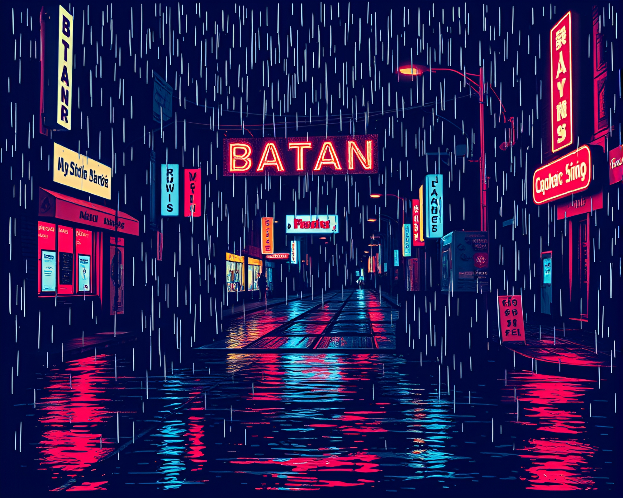 Neon Linocut Rainy Reflections ASCII Art Composition – free AI stock image